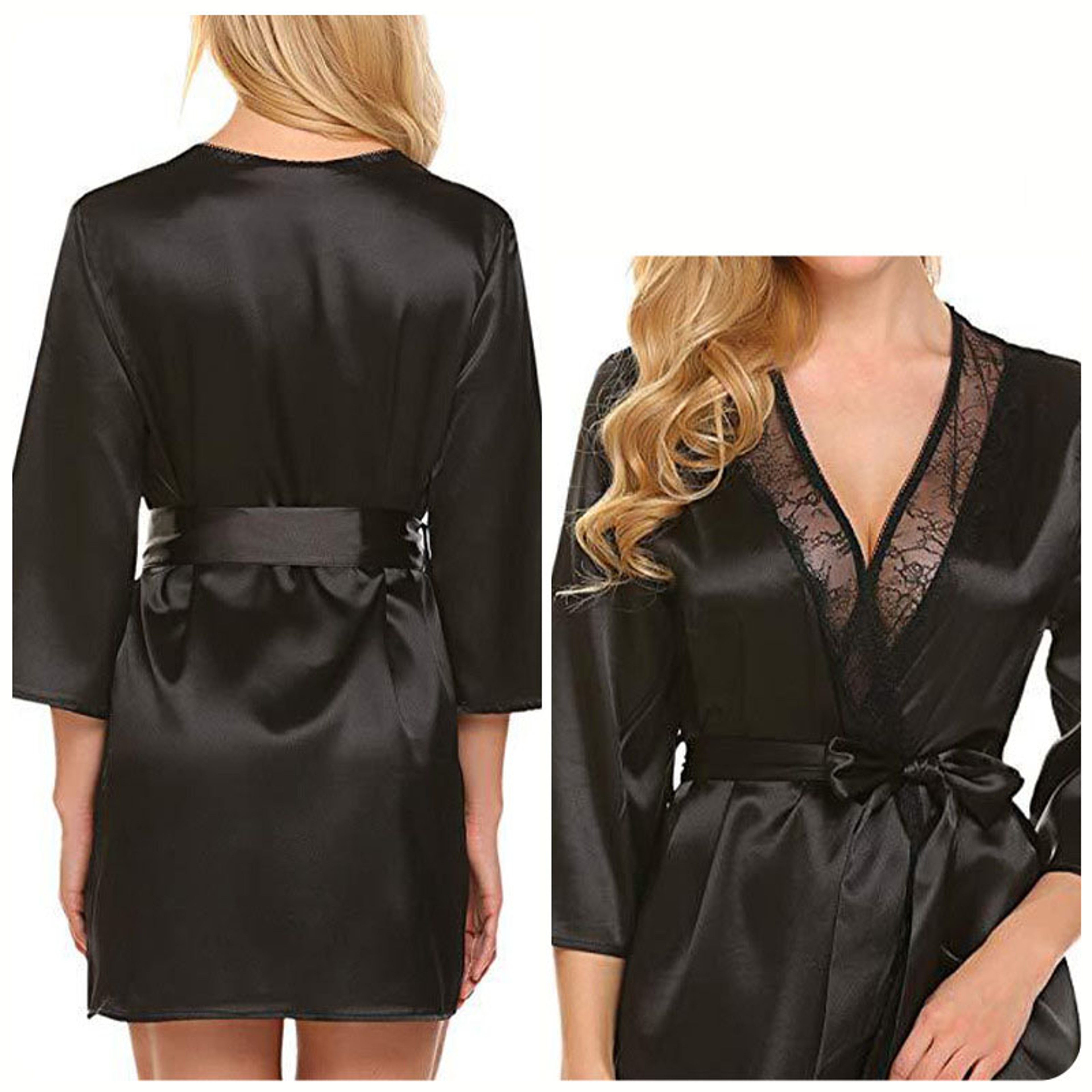 Soft Comfortable Lace Satin Robe, Kimono Nightgown Bathrobe, Plus Size Lingerie Nighty Dress Black – view 5