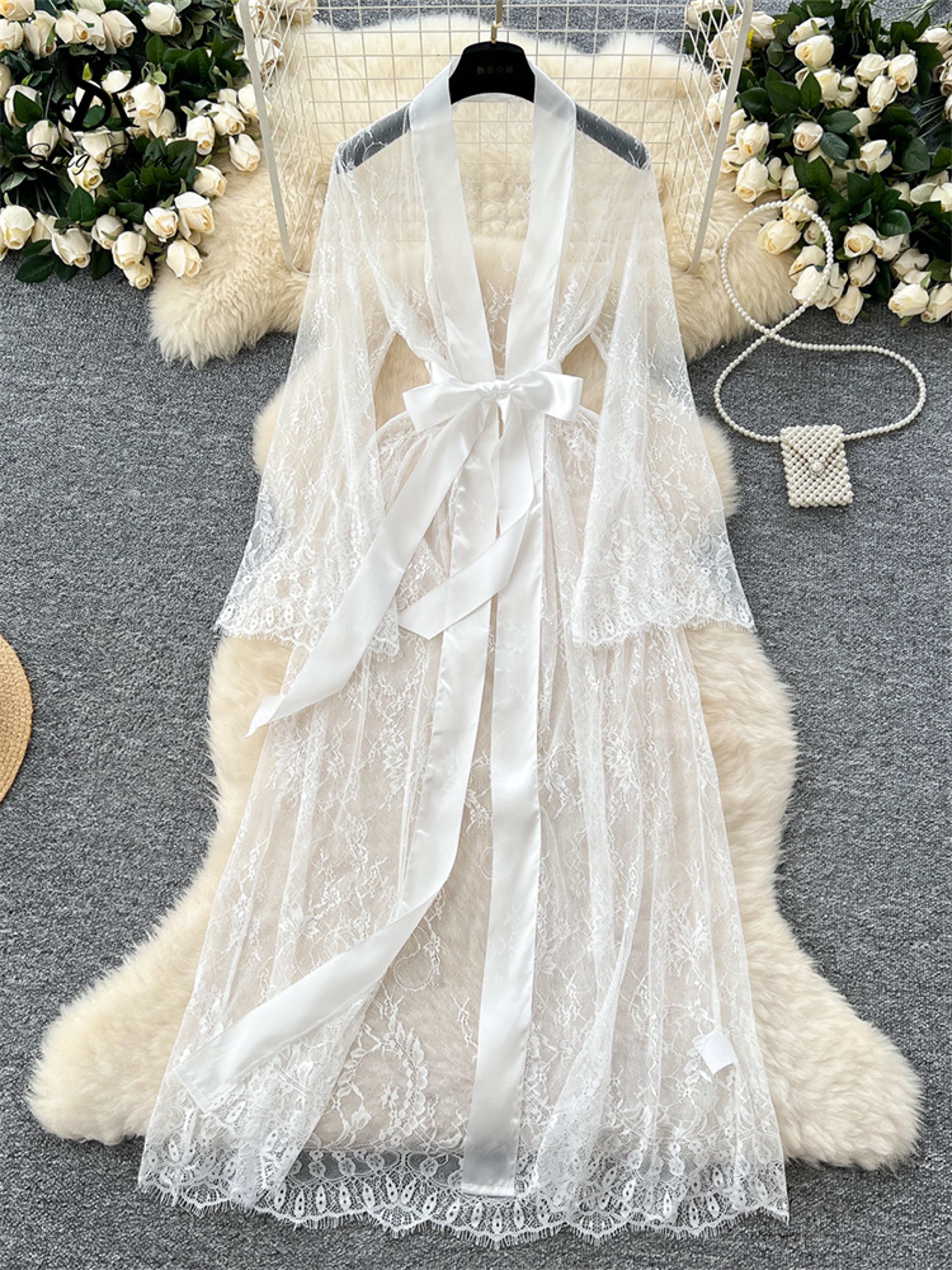 Lace Up Solid Long Sleeve Robes, Elegant Sheer Cardigan Long Robes Female, Fashion Women Transparent Lace Sensual Robes – view 2