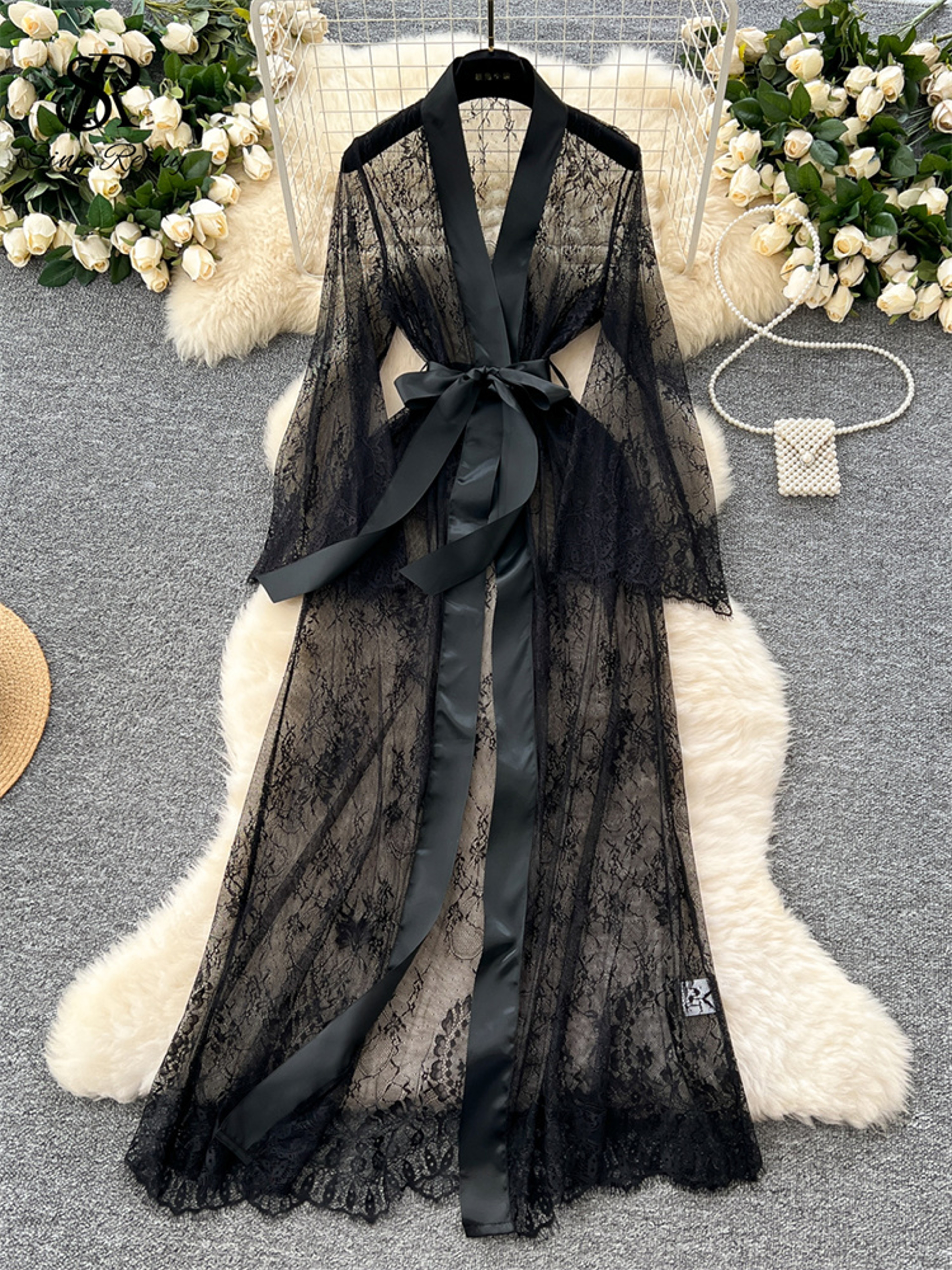 Lace Up Solid Long Sleeve Robes, Elegant Sheer Cardigan Long Robes Female, Fashion Women Transparent Lace Sensual Robes – view 3