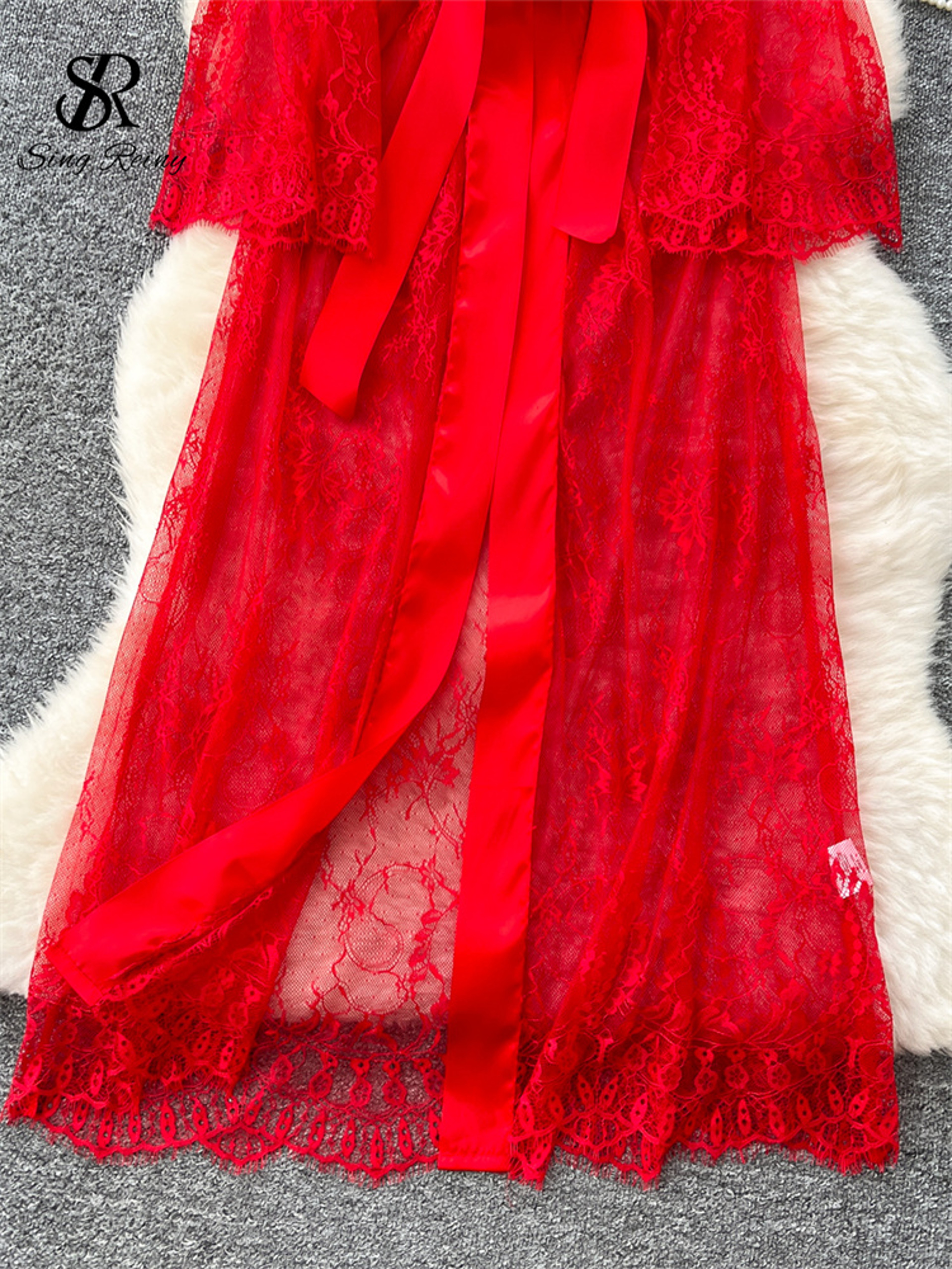 Lace Up Solid Long Sleeve Robes, Elegant Sheer Cardigan Long Robes Female, Fashion Women Transparent Lace Sensual Robes – view 6