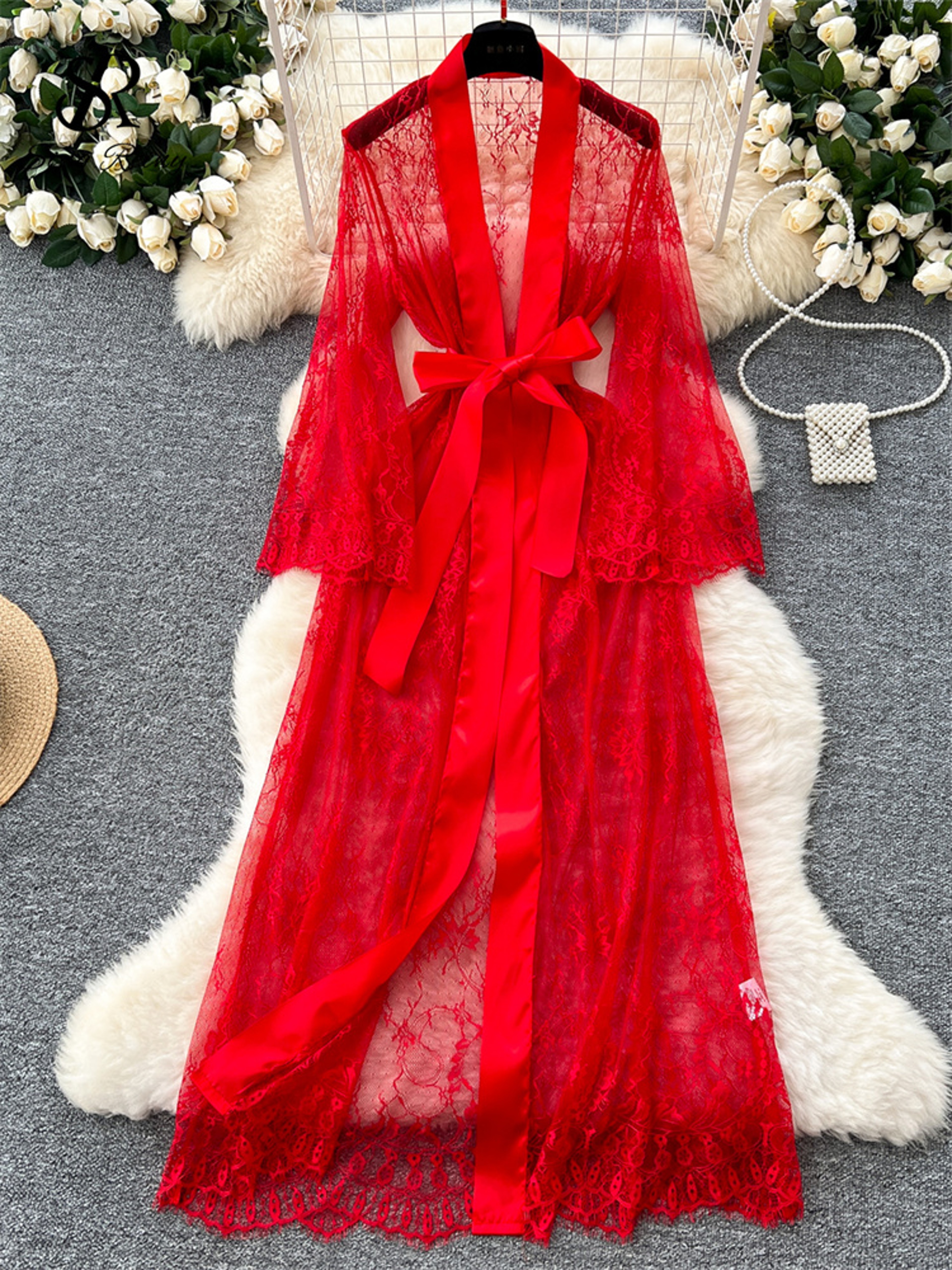 Lace Up Solid Long Sleeve Robes, Elegant Sheer Cardigan Long Robes Female, Fashion Women Transparent Lace Sensual Robes – view 7