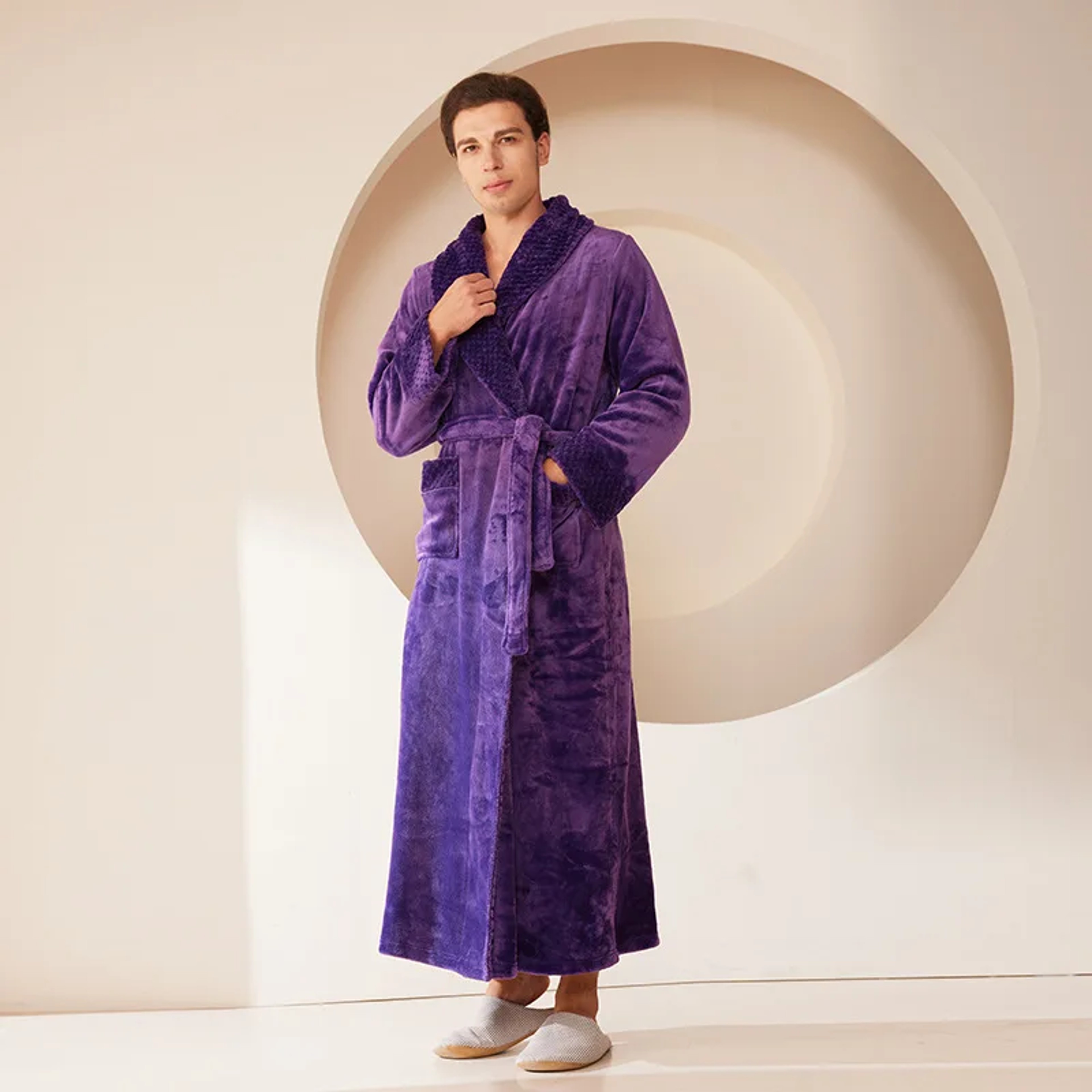 Men's Kimono Bathrobe Gown, Coral Fleece Sleepwear, Thicken Warm Flannel Couple's Long Robe for Home Lounge Wear – view 8