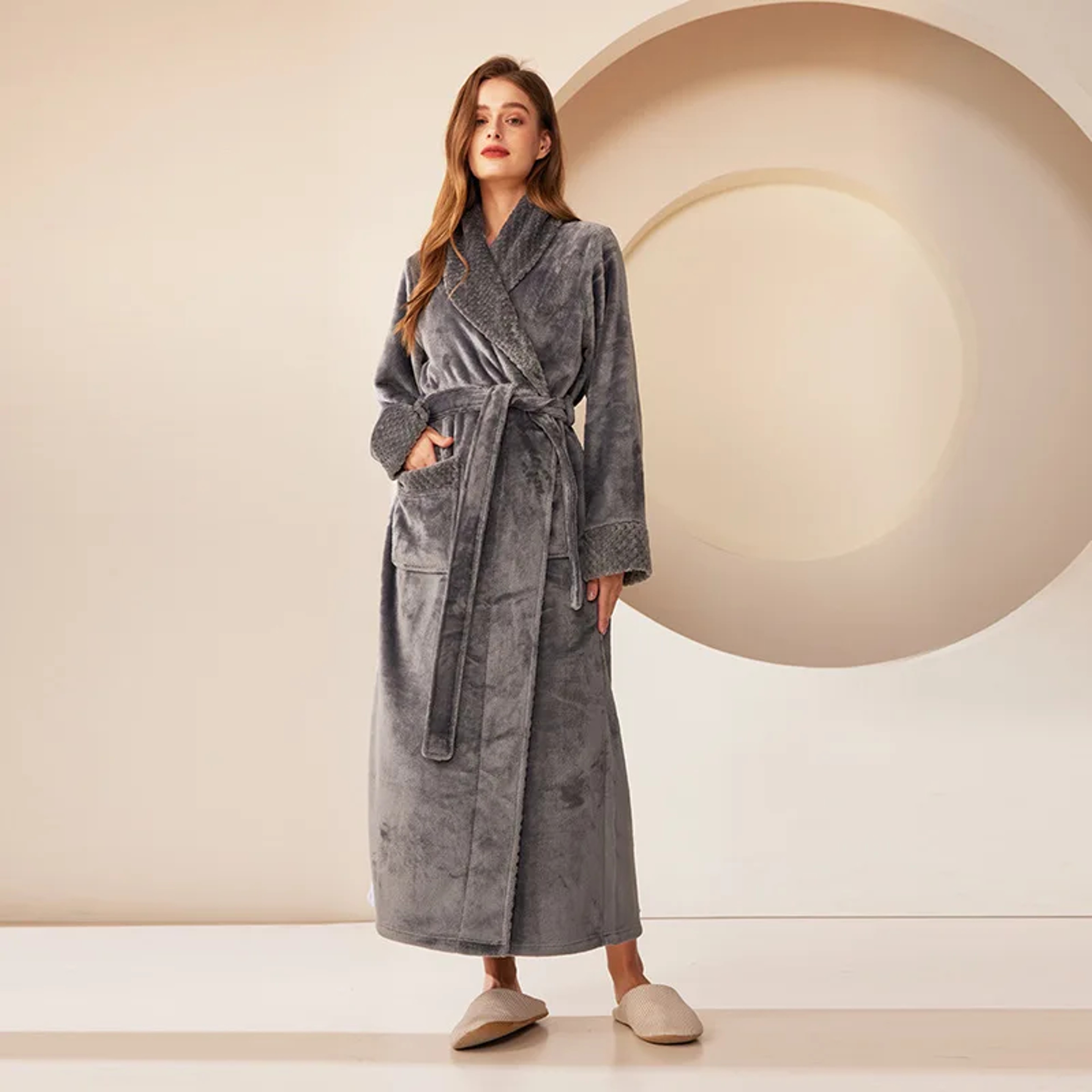 Men's Kimono Bathrobe Gown, Coral Fleece Sleepwear, Thicken Warm Flannel Couple's Long Robe for Home Lounge Wear – view 15