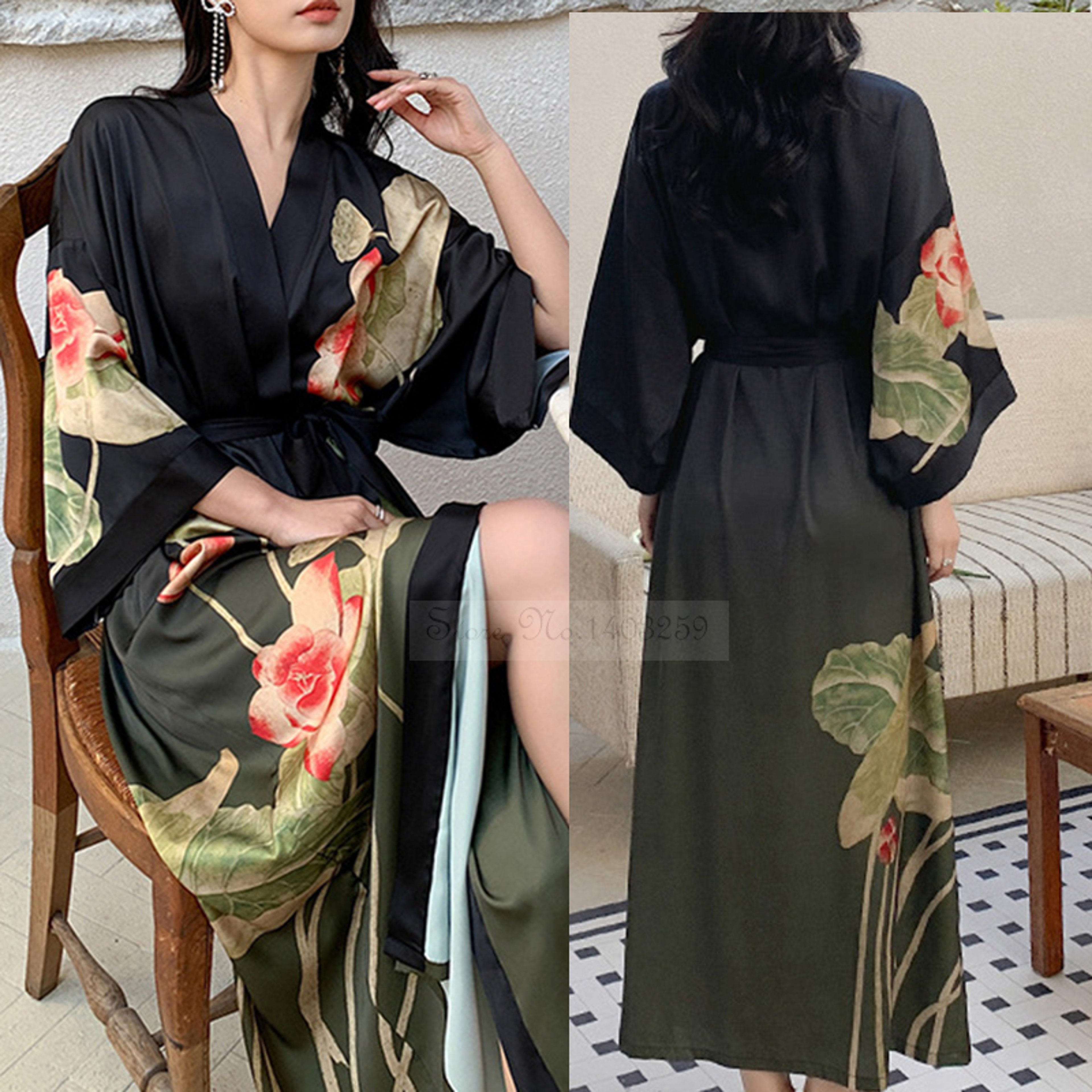Sexy Print Flower Kimono Bathrobe Gown, New Spring Summer Female Long Robe Nightgown, Casual Silk Satin Home Dress Loung – view 1