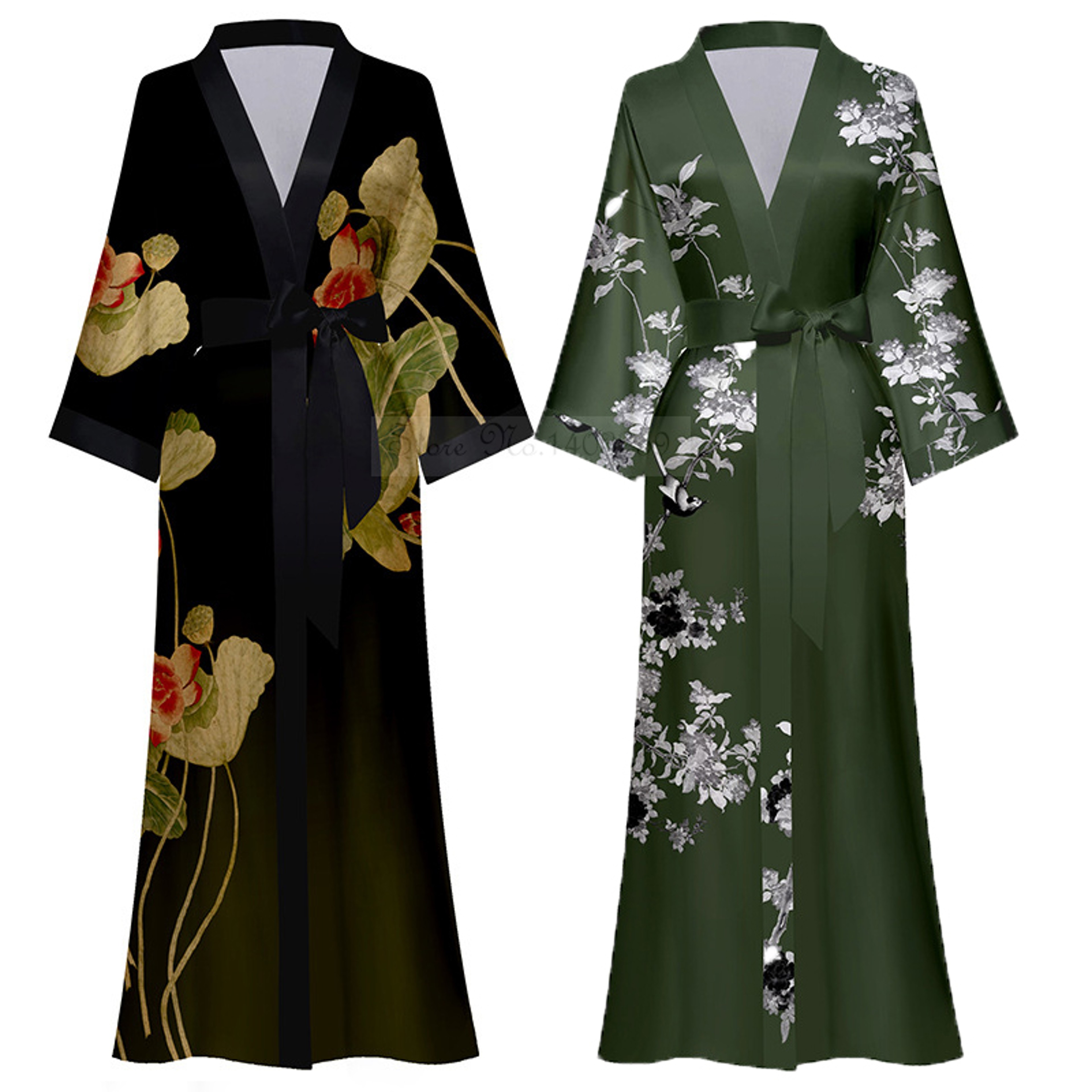 Sexy Print Flower Kimono Bathrobe Gown, New Spring Summer Female Long Robe Nightgown, Casual Silk Satin Home Dress Loung – view 2