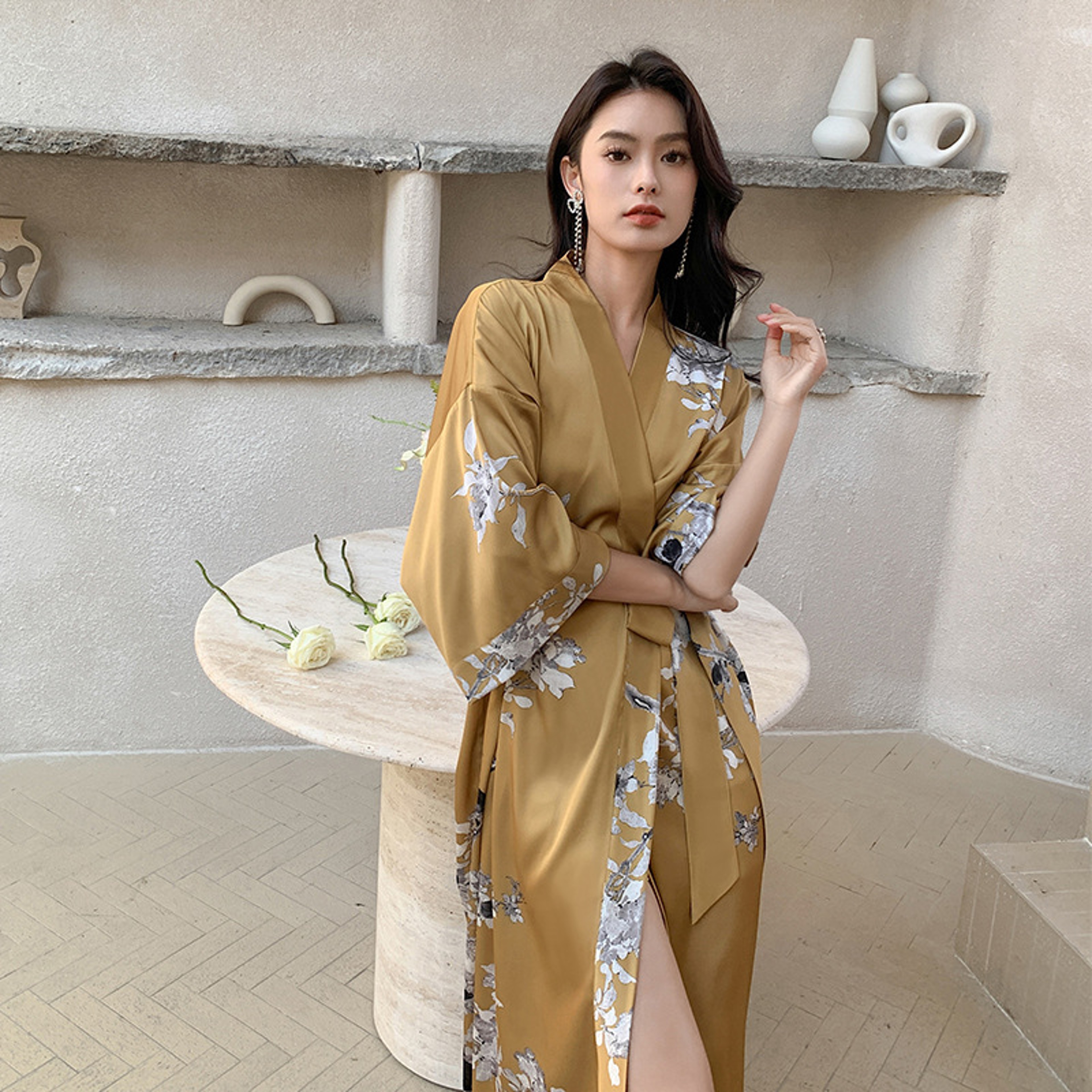 Sexy Print Flower Kimono Bathrobe Gown, New Spring Summer Female Long Robe Nightgown, Casual Silk Satin Home Dress Loung – view 5