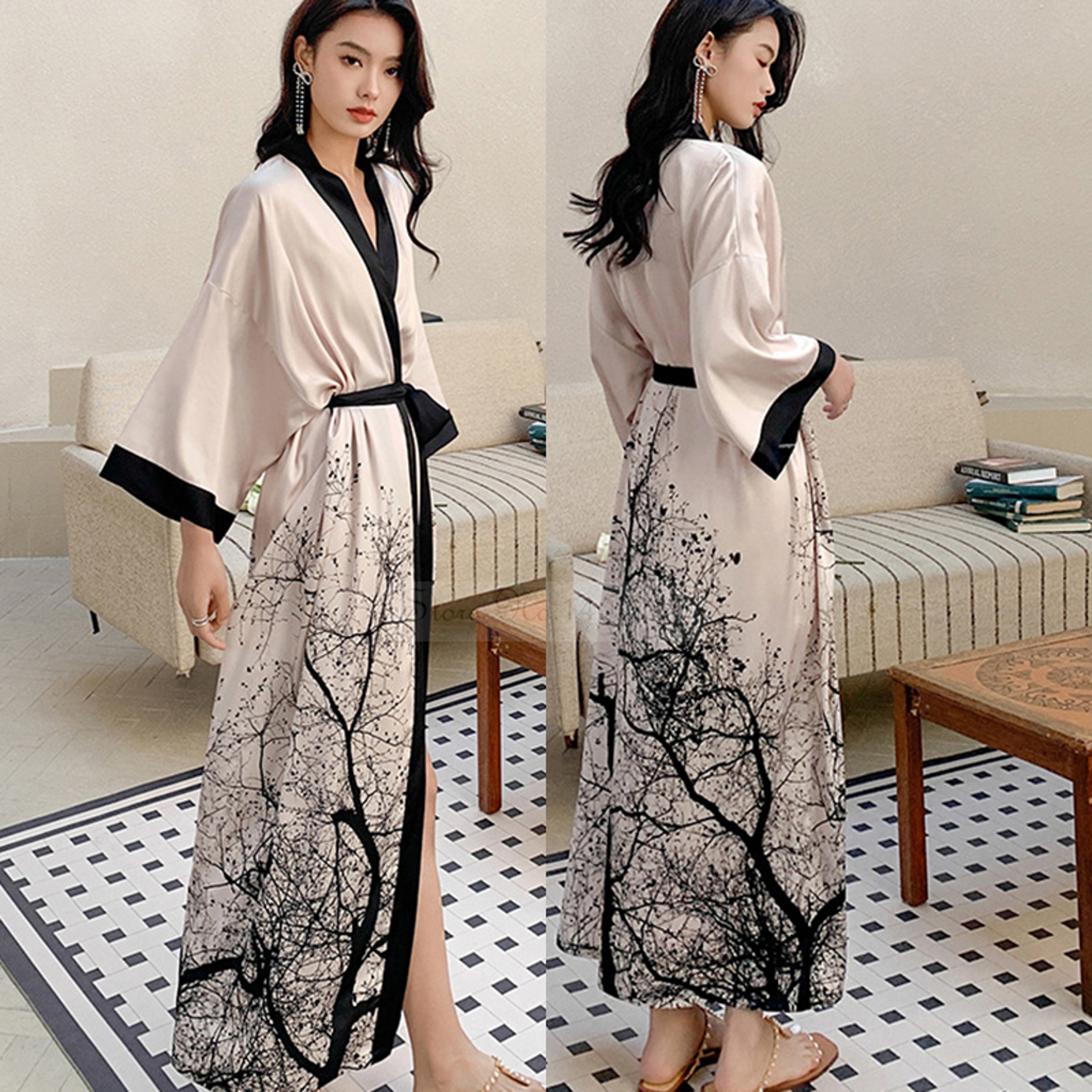 Sexy Print Flower Kimono Bathrobe Gown, New Spring Summer Female Long Robe Nightgown, Casual Silk Satin Home Dress Loung – view 20