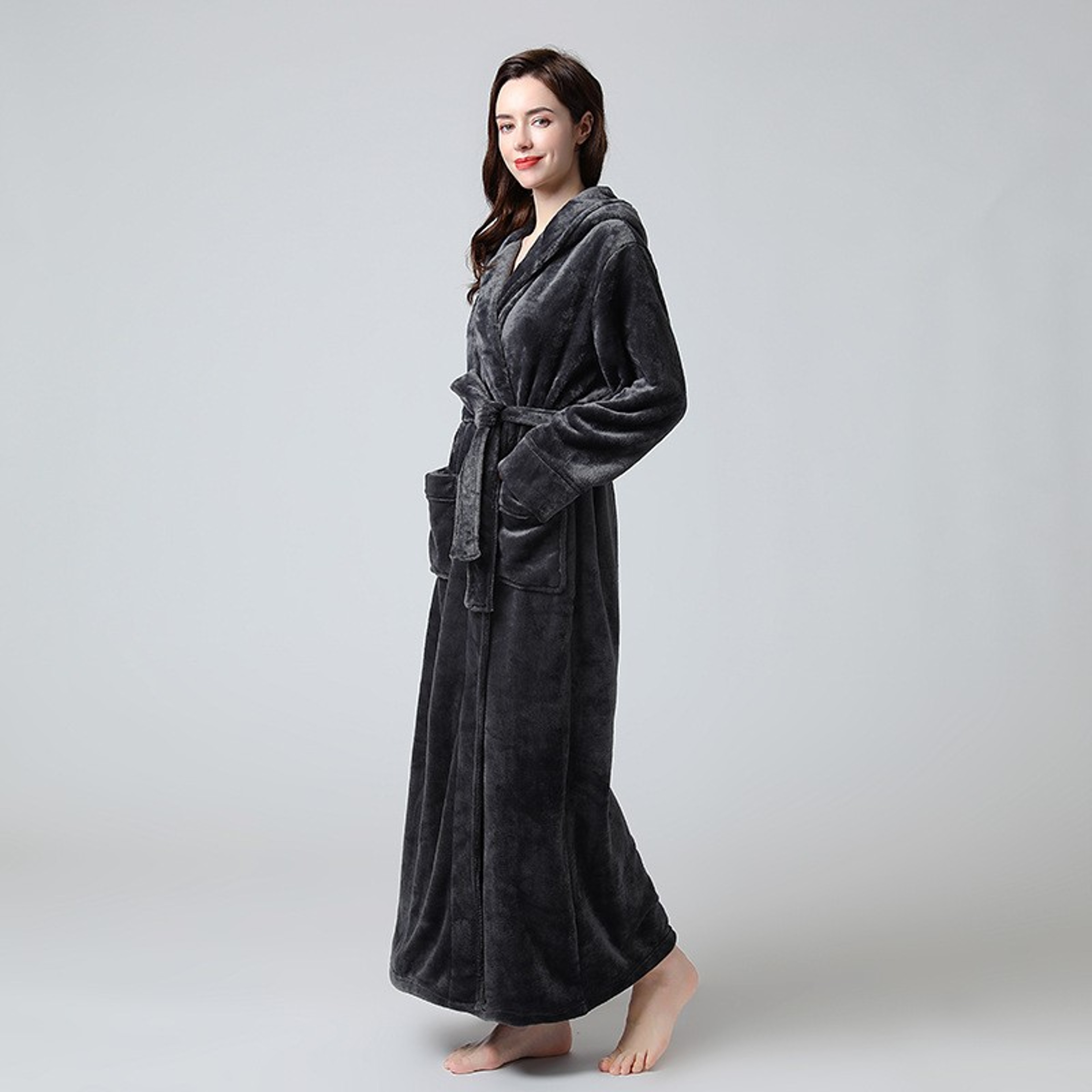 Women Extra Long Winter Coral Fleece Bathrobe, Hooded Cozy Kimono Nightgown Peignoir – view 8
