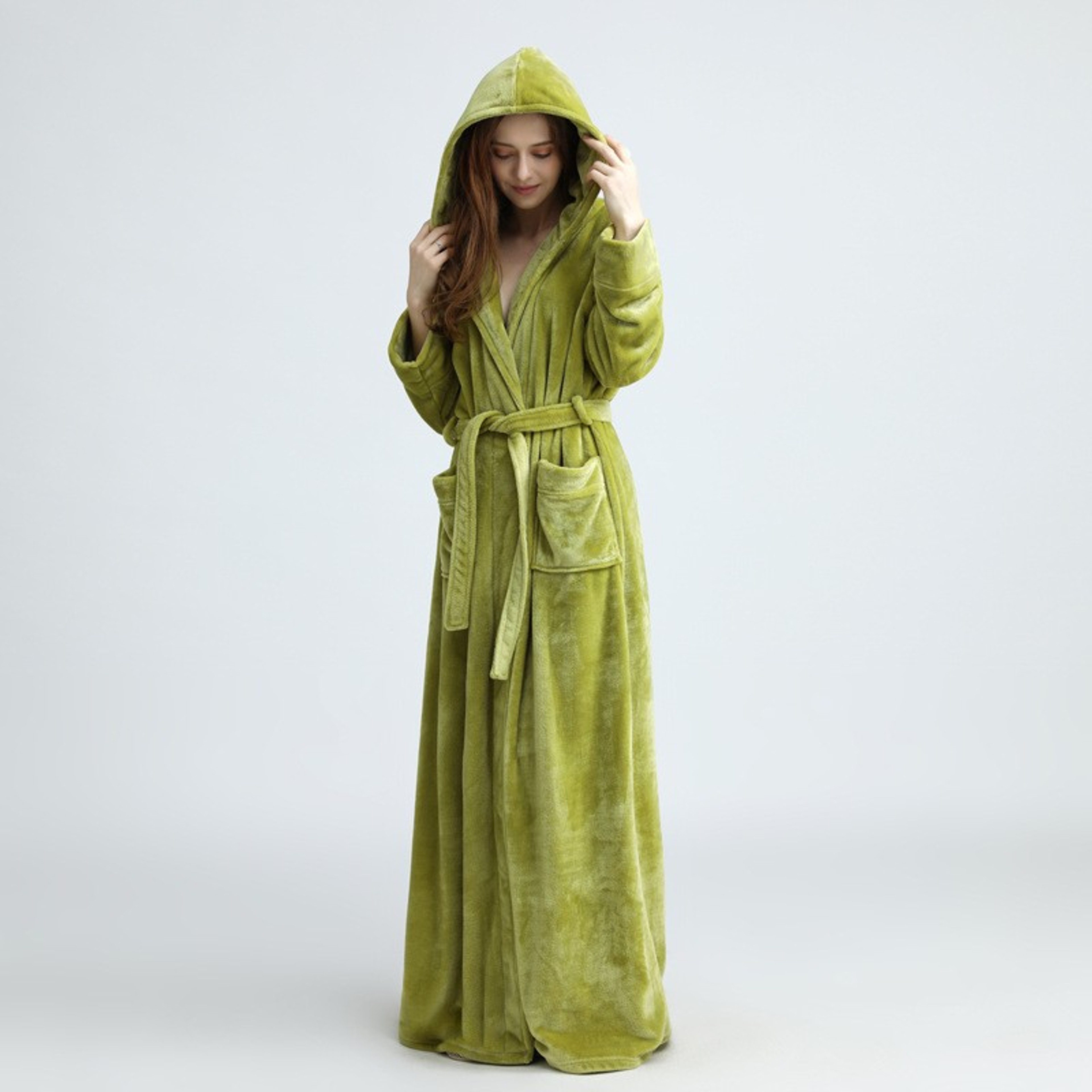 Women Extra Long Winter Coral Fleece Bathrobe, Hooded Cozy Kimono Nightgown Peignoir – view 12