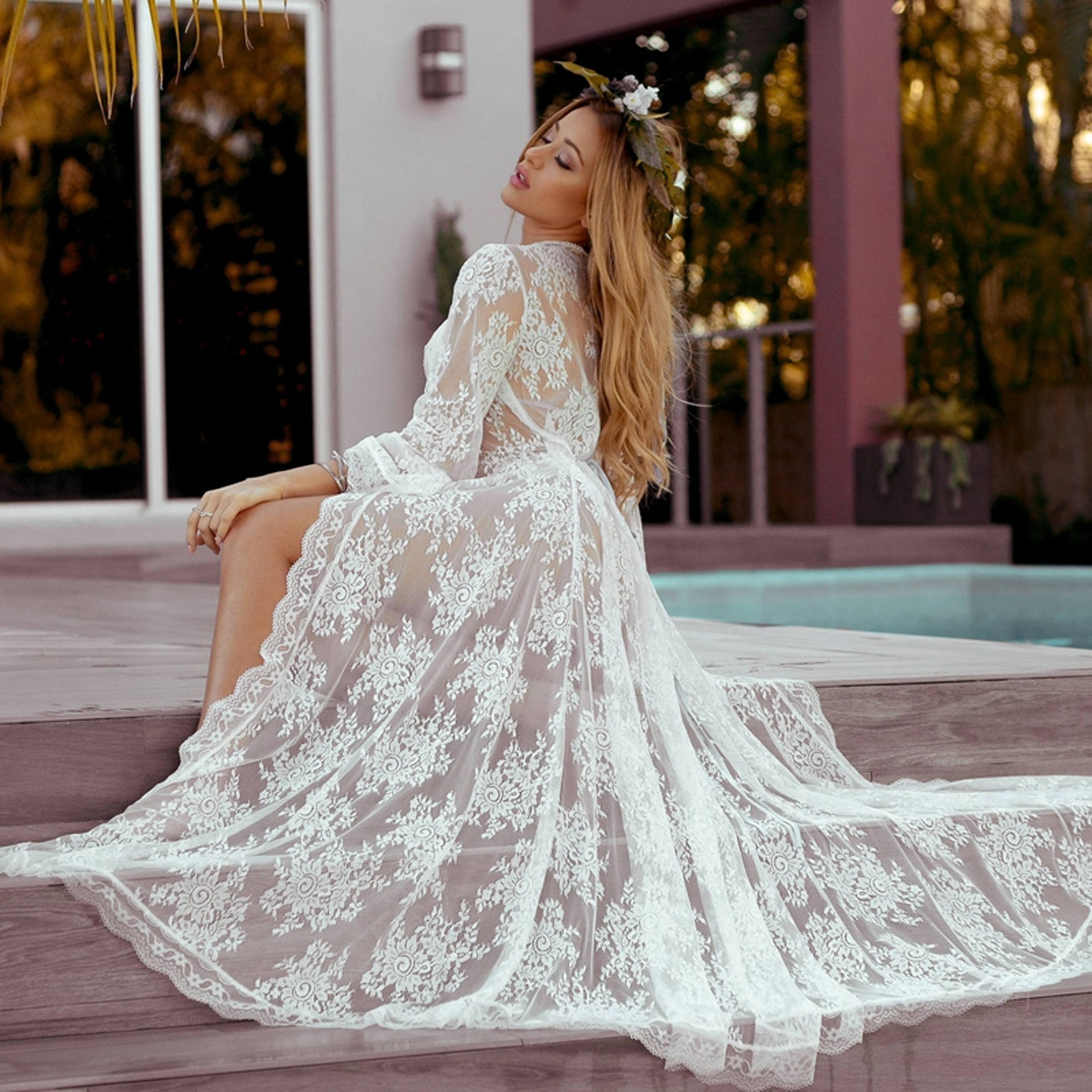 Lace Sheer Dress Women Bathrobes Long Nightgowns Kimono Bridesmaid Robes Sleepwear – view 1