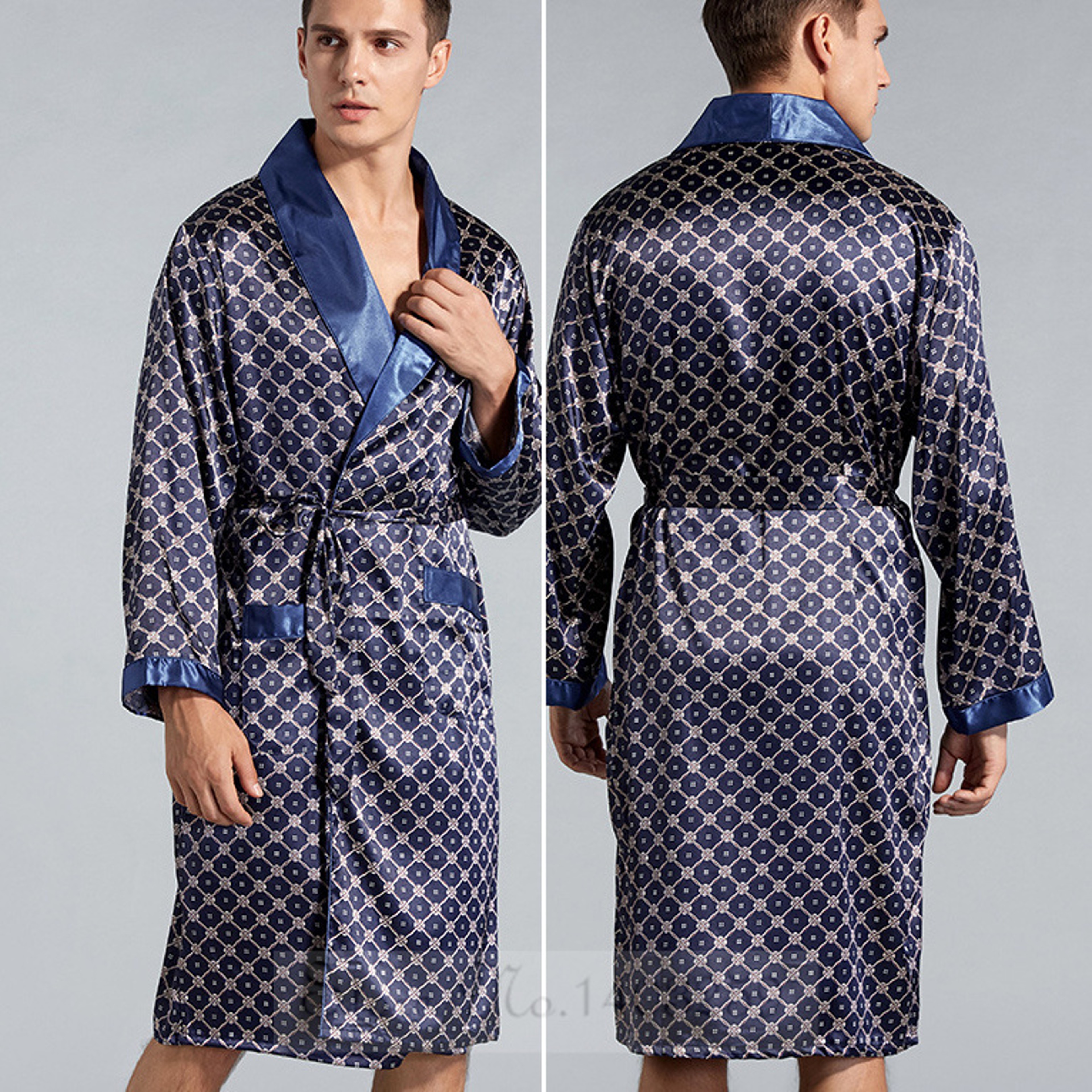 Navy Blue Stripe Men Kimono Bathrobe Gown Satin Sleepwear with Pocket Summer Lounge Wear – view 4