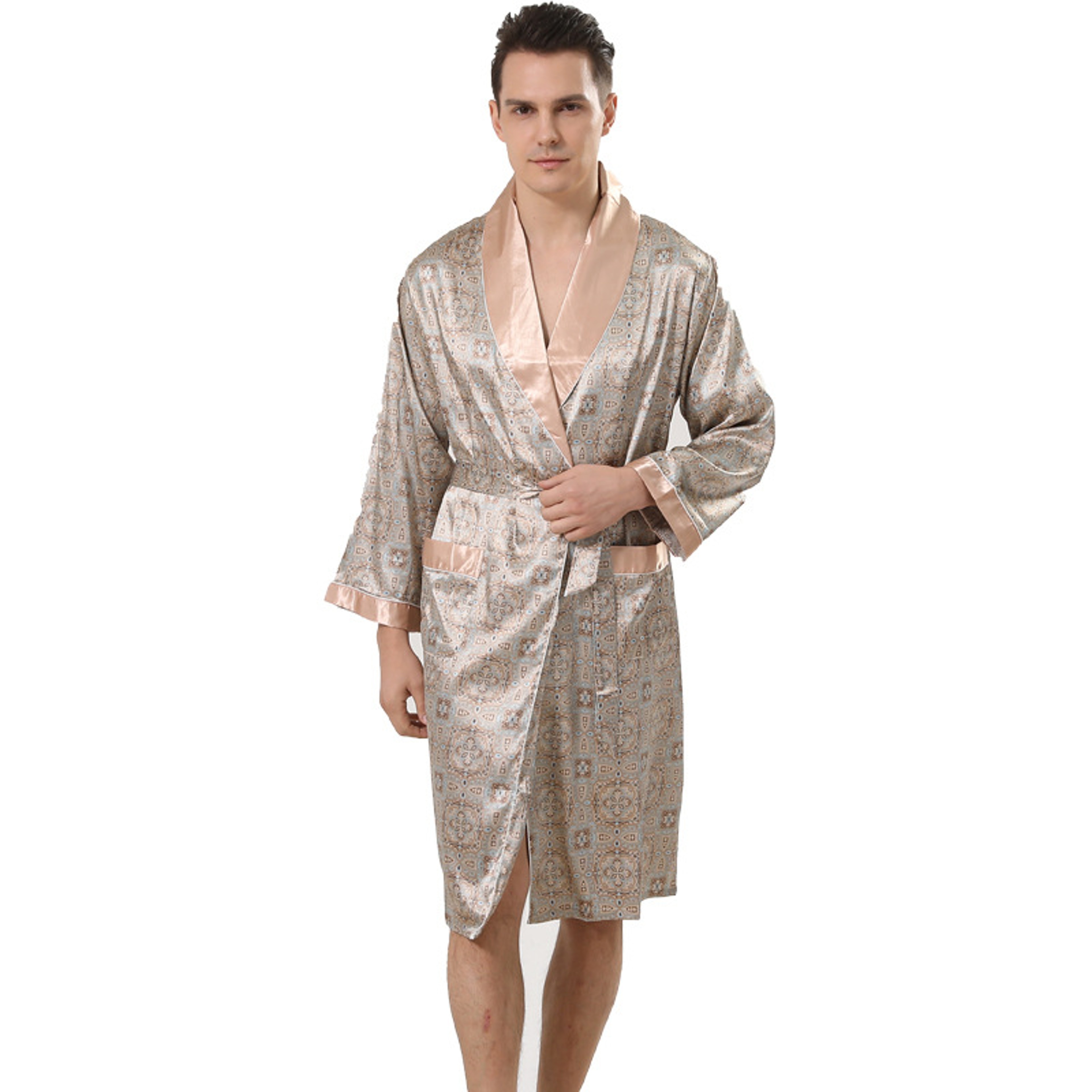 Navy Blue Stripe Men Kimono Bathrobe Gown Satin Sleepwear with Pocket Summer Lounge Wear – view 13