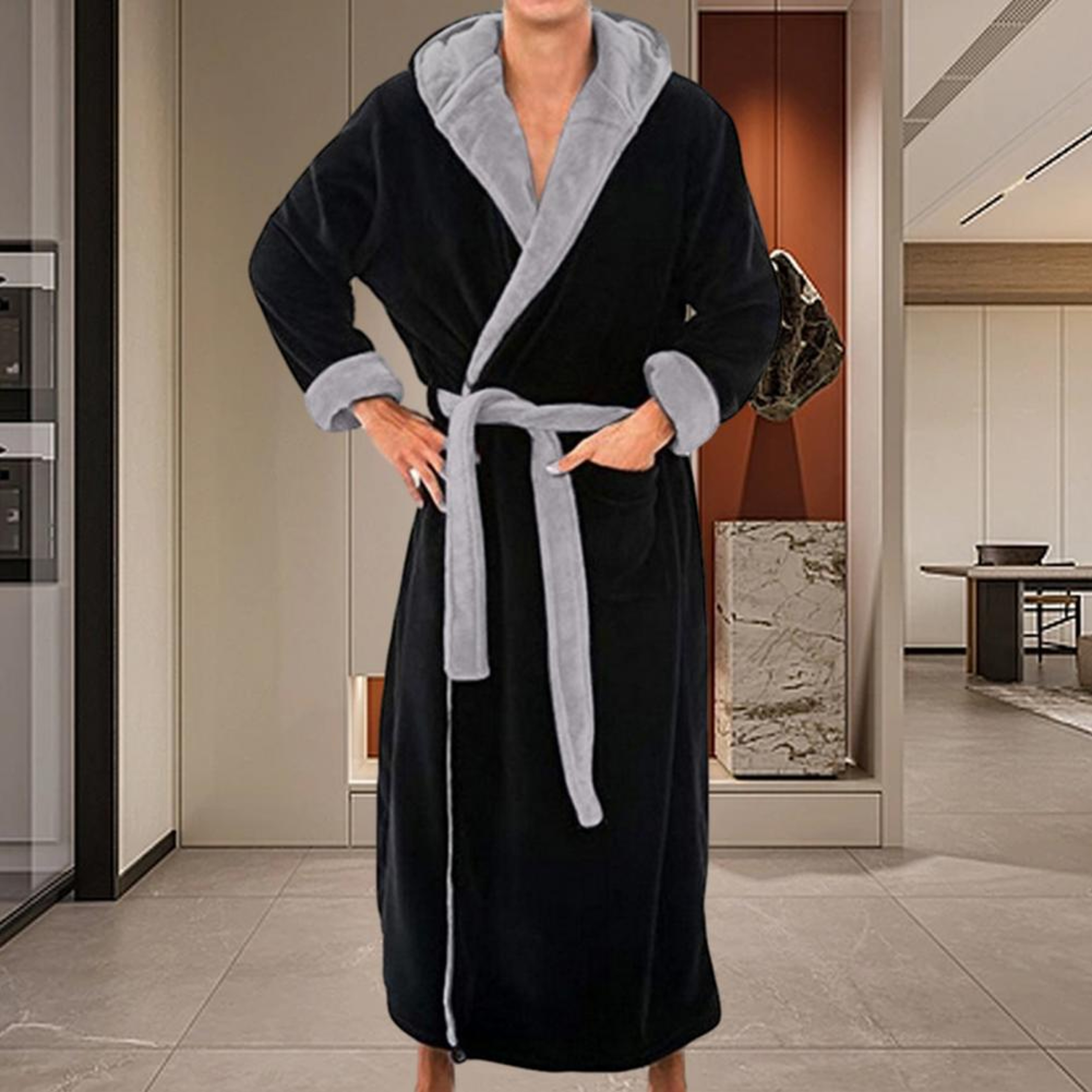 Long Men Hooded Bathrobe Flannel Robe Soft Fluffy Quick Dry Bathrobe Sleepwear – view 3