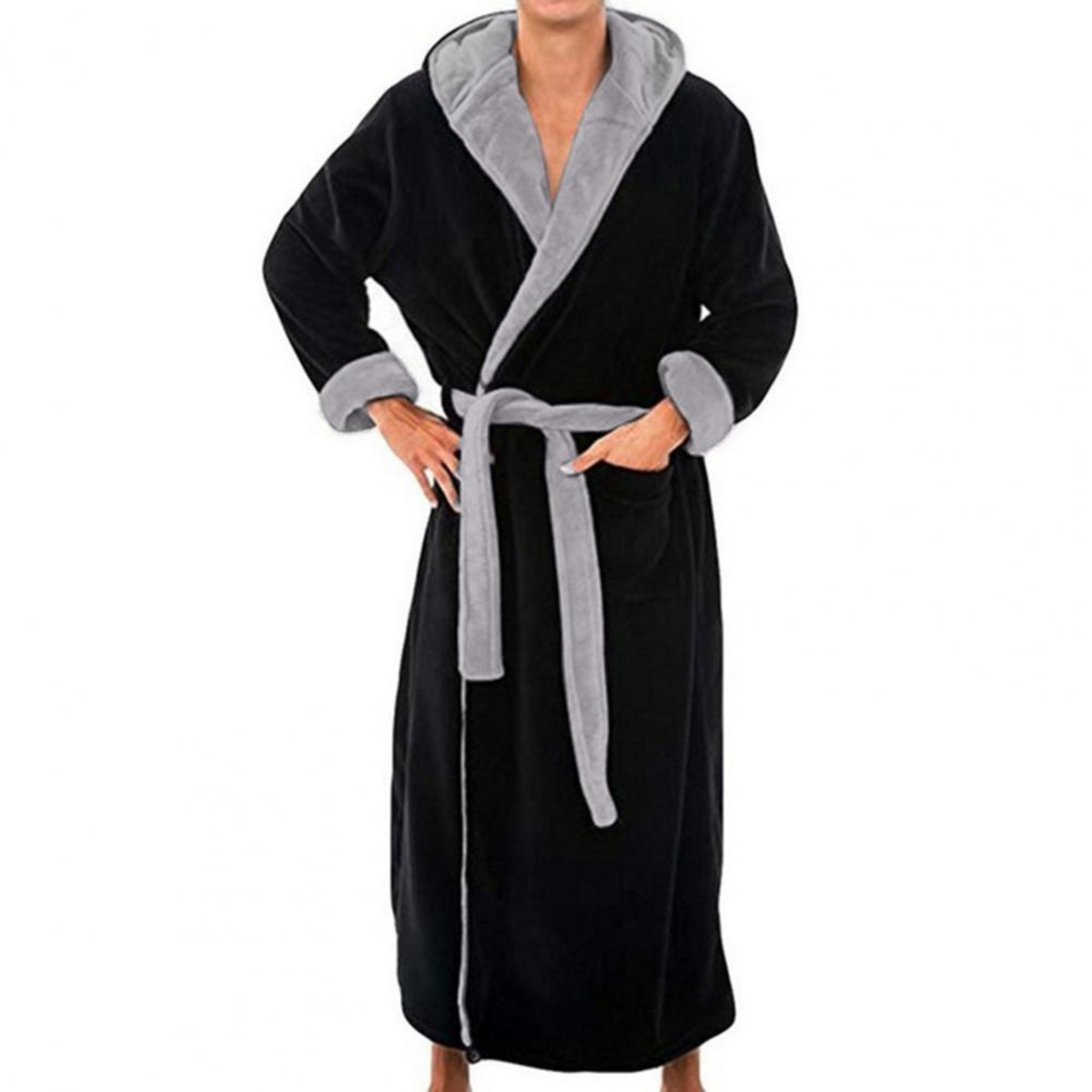 Long Men Hooded Bathrobe Flannel Robe Soft Fluffy Quick Dry Bathrobe Sleepwear – view 7
