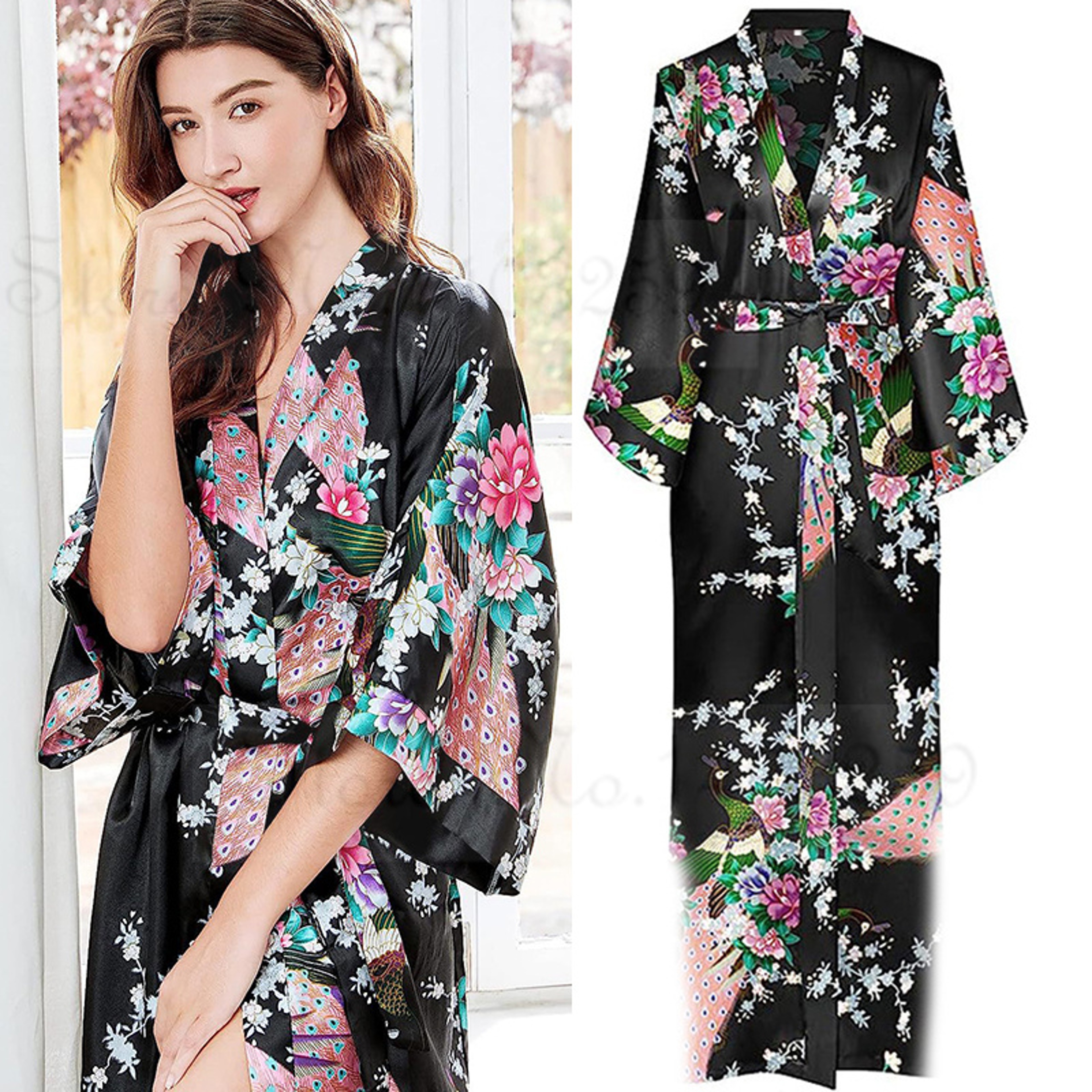 Peacock Print Satin Long Robe, Flower Kimono Bathrobe Gown for Women, Sleepwear Loungewear – view 4