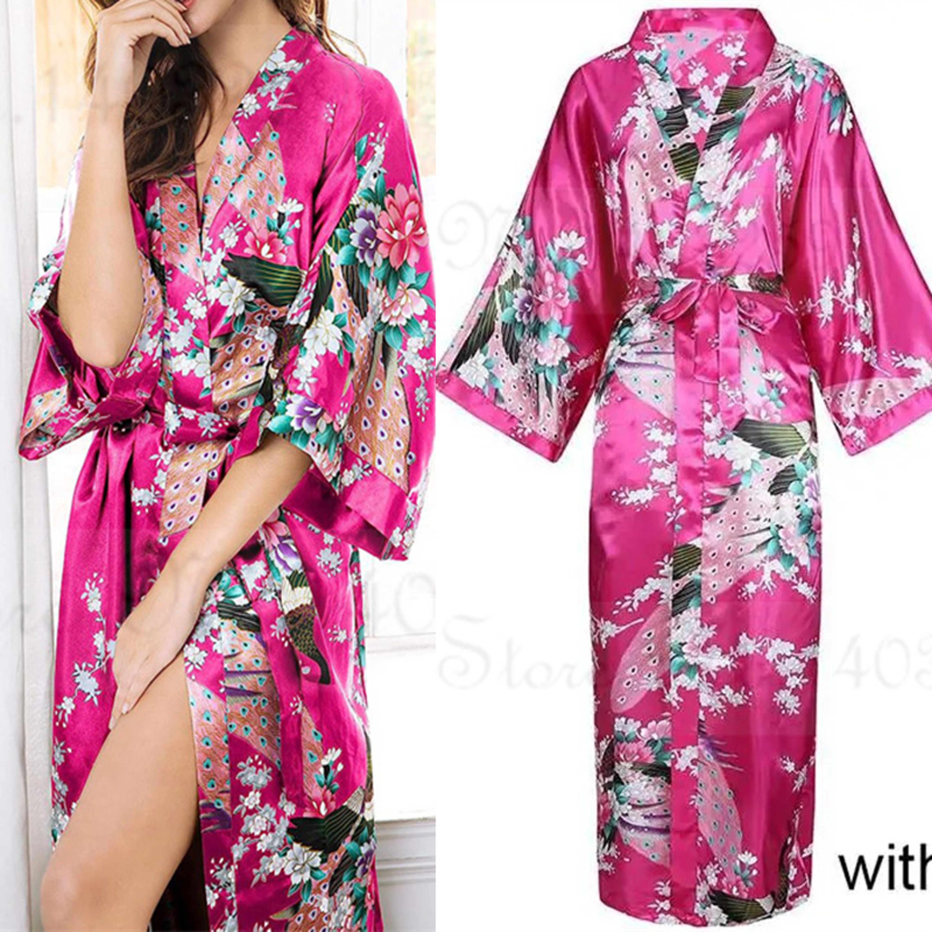 Peacock Print Satin Long Robe, Flower Kimono Bathrobe Gown for Women, Sleepwear Loungewear – view 5