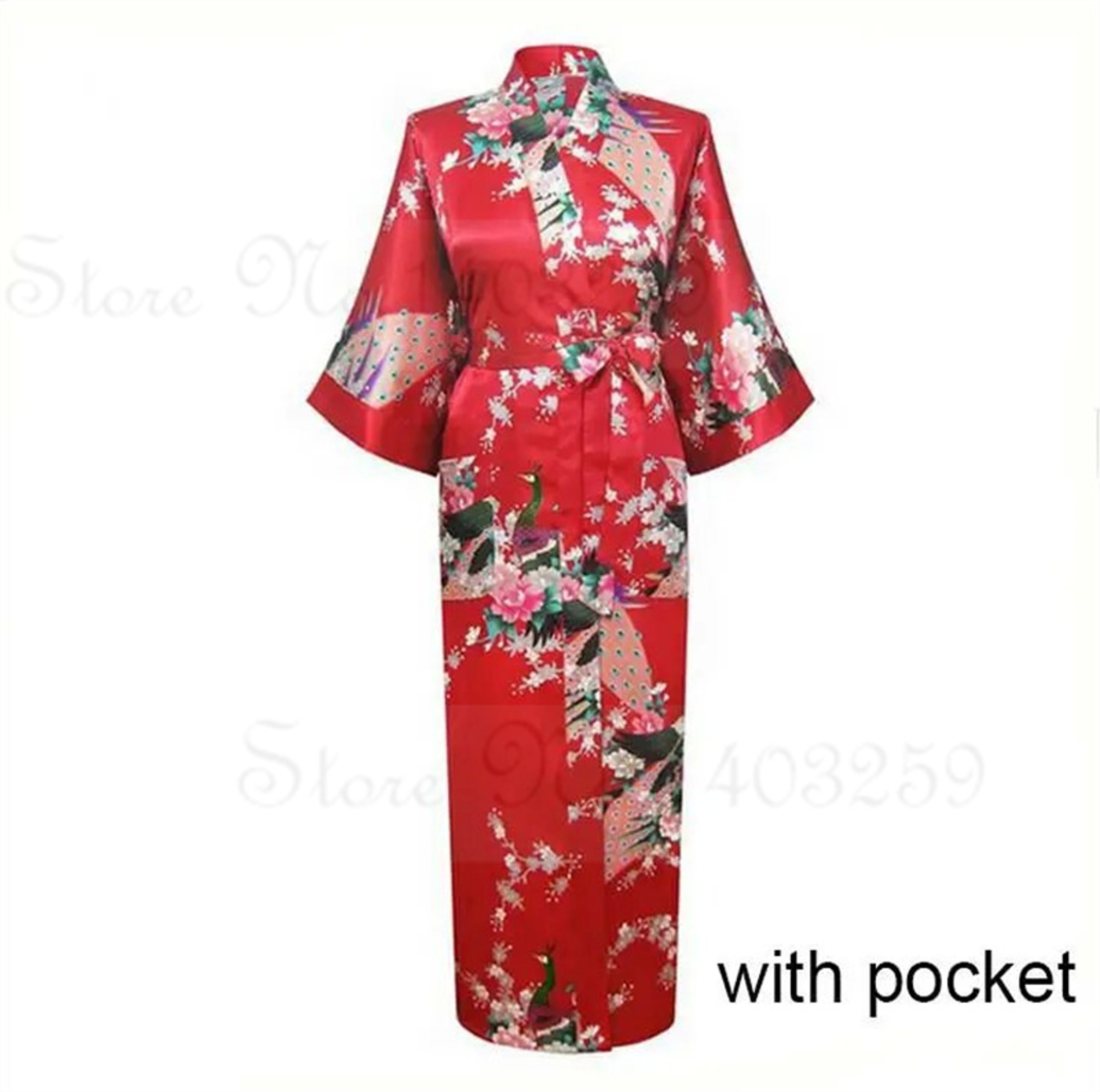 Peacock Print Satin Long Robe, Flower Kimono Bathrobe Gown for Women, Sleepwear Loungewear – view 8