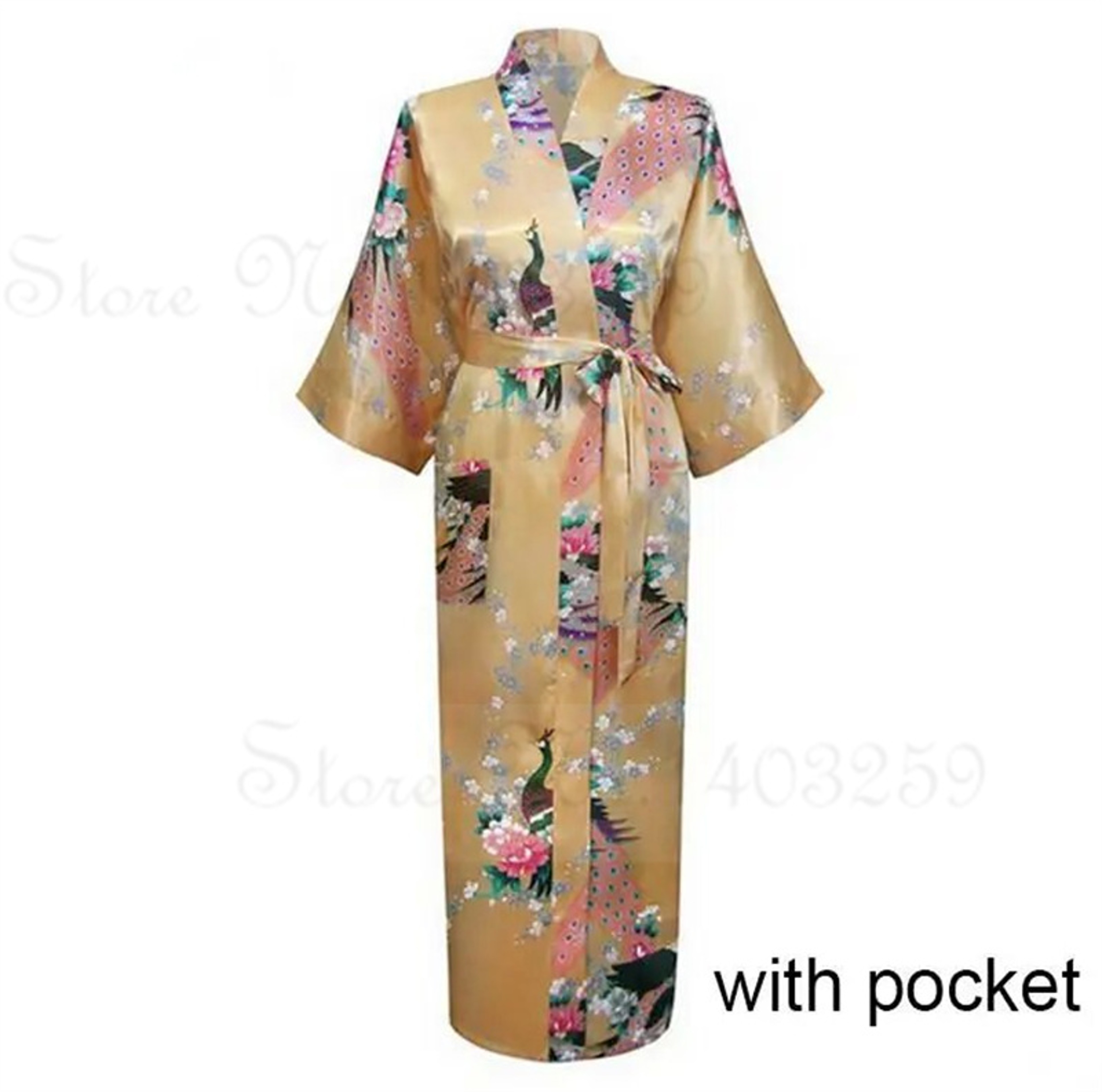 Peacock Print Satin Long Robe, Flower Kimono Bathrobe Gown for Women, Sleepwear Loungewear – view 10