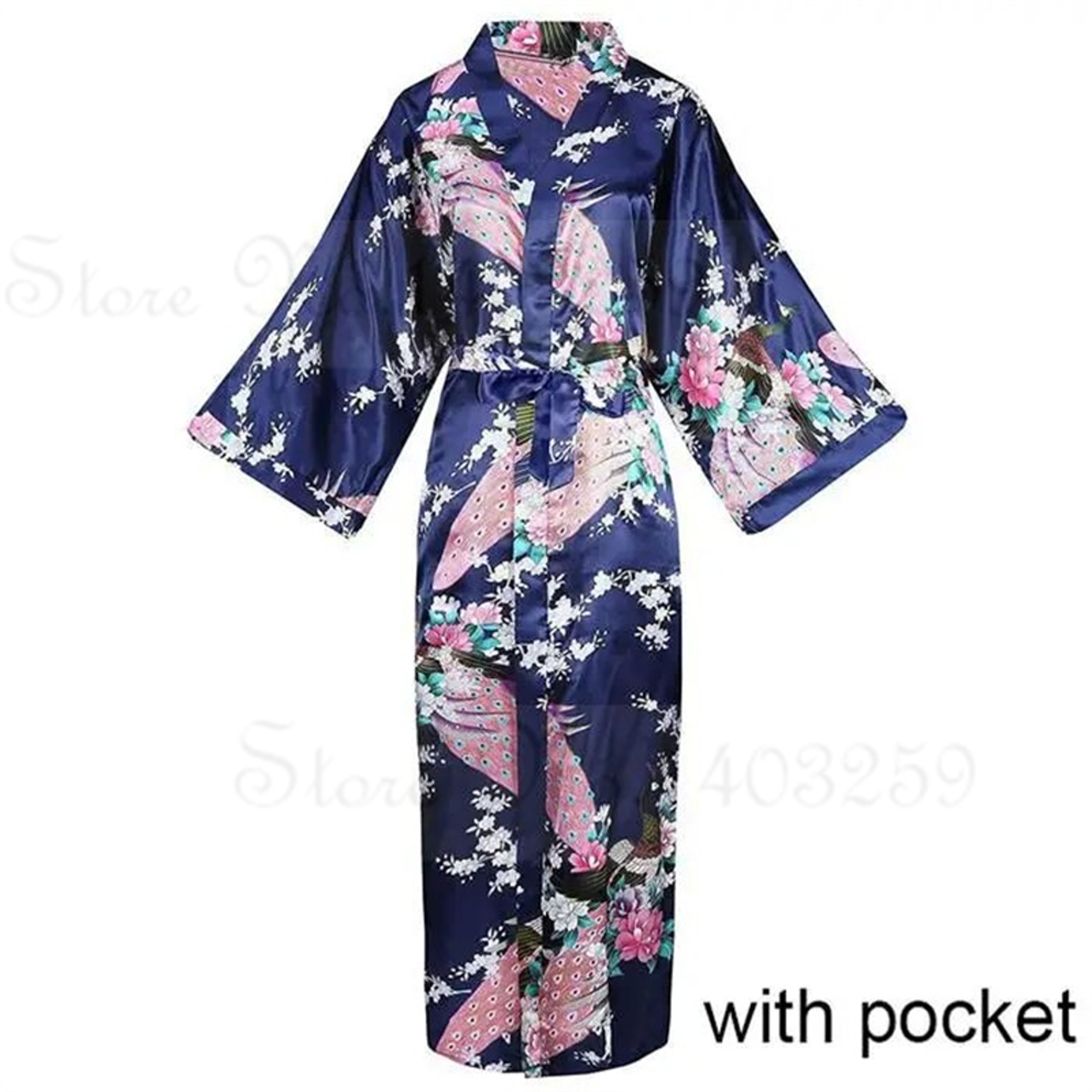 Peacock Print Satin Long Robe, Flower Kimono Bathrobe Gown for Women, Sleepwear Loungewear – view 22