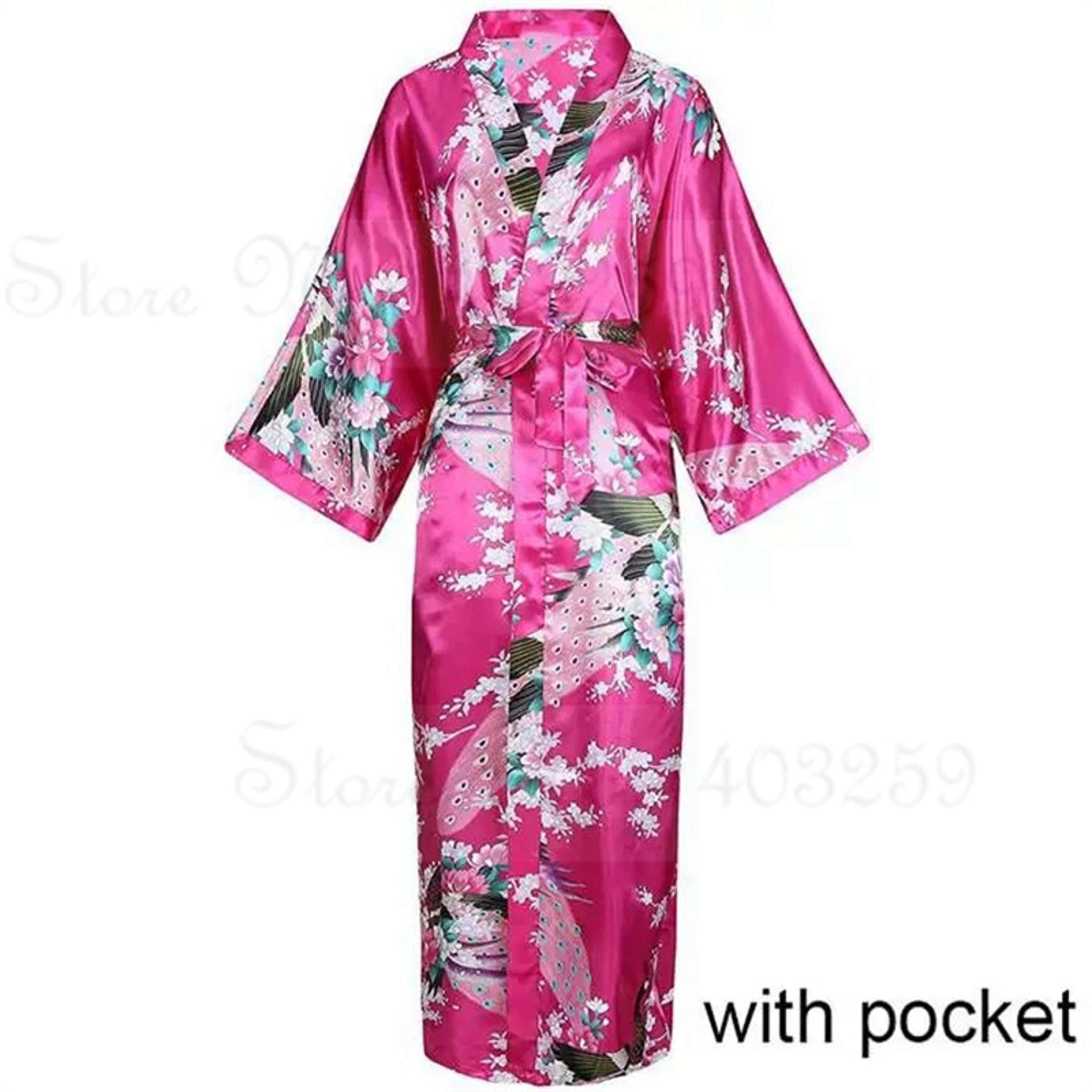 Peacock Print Satin Long Robe, Flower Kimono Bathrobe Gown for Women, Sleepwear Loungewear – view 25
