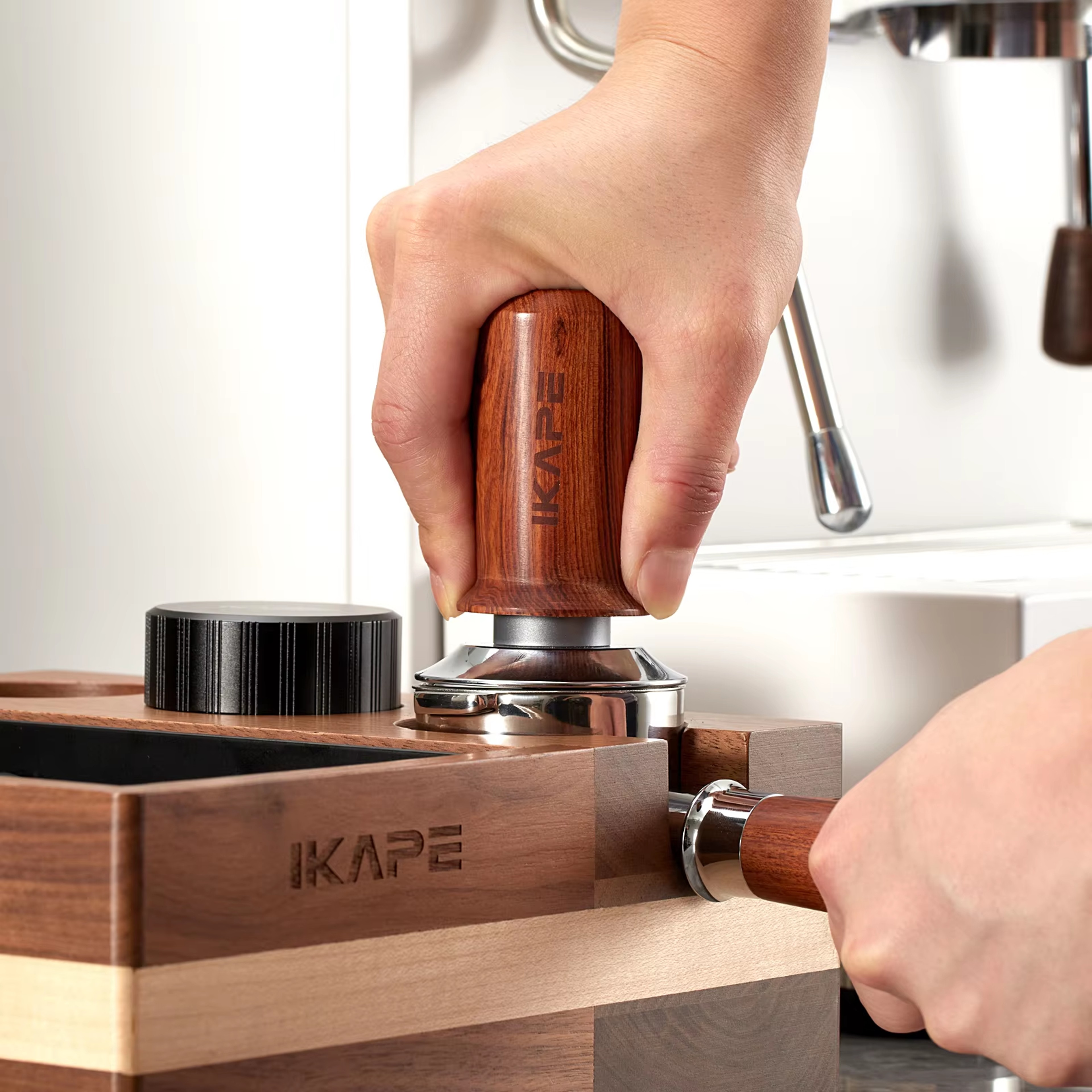 Espresso Walnut Tamper, Spring Loaded with Titanium PVD Coating – view 1