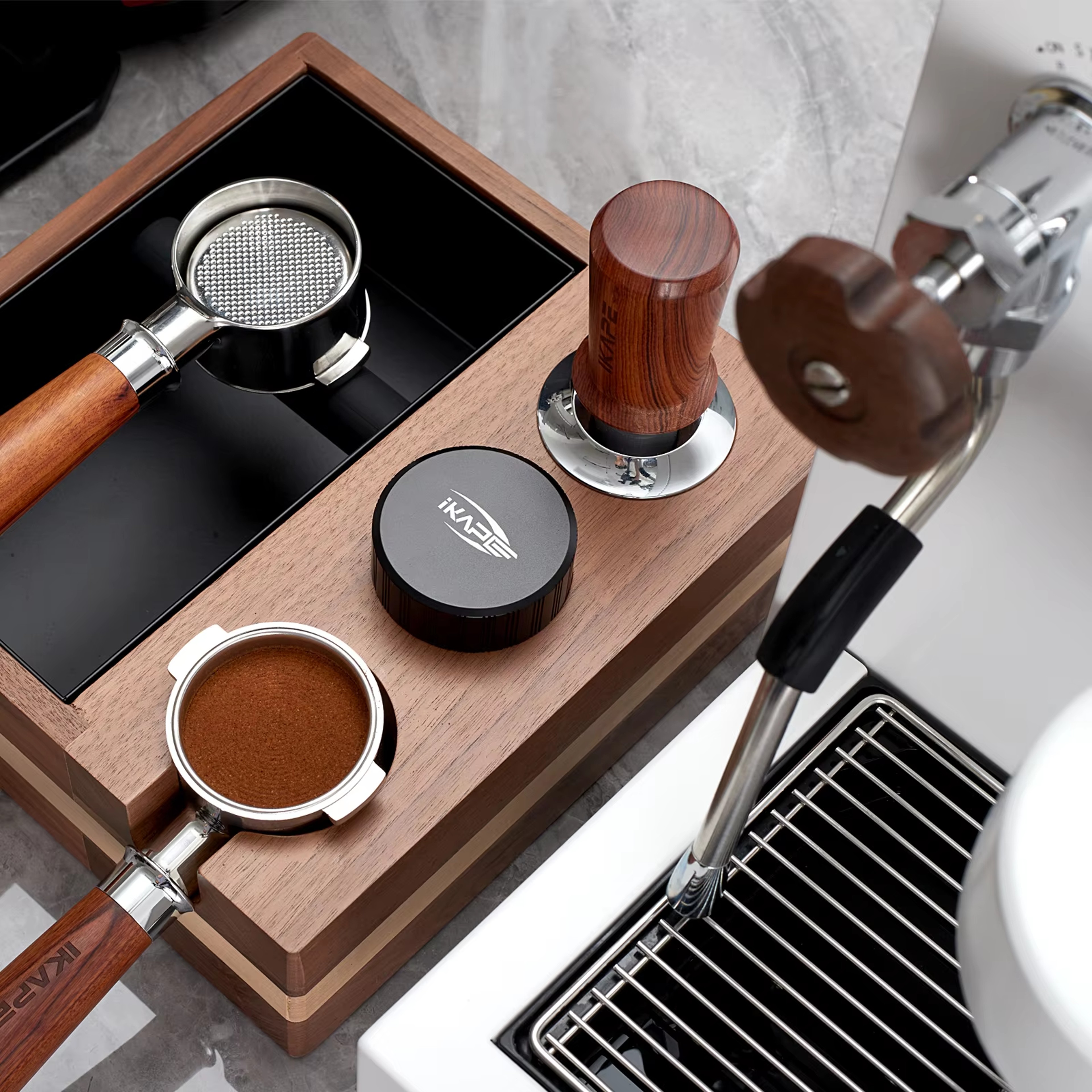Espresso Walnut Tamper, Spring Loaded with Titanium PVD Coating – view 6