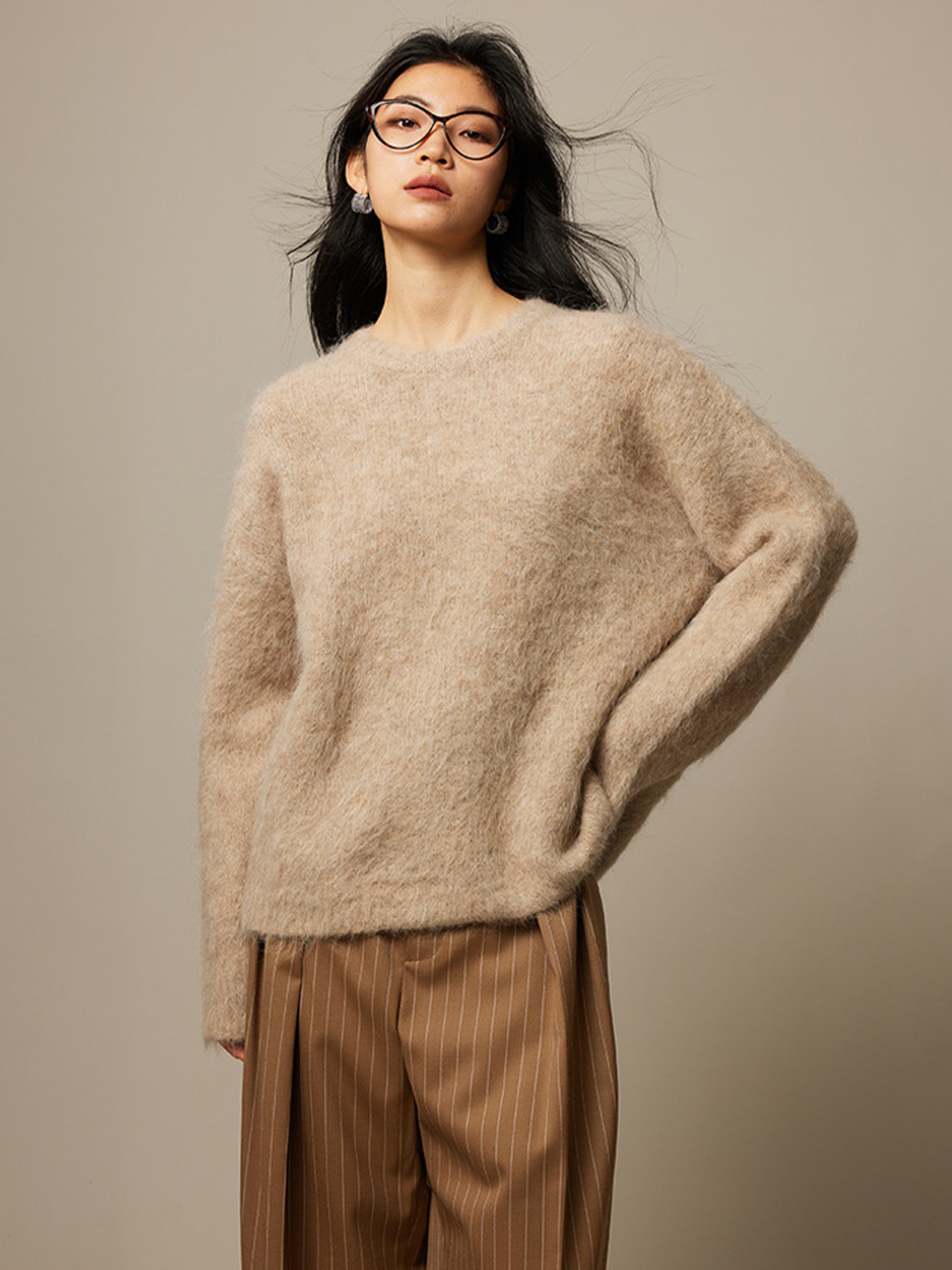 Dropped Sleeved Loose Sweaters Warm Alpaca Pullovers For Women Camel Beige Winter Fall Top 5