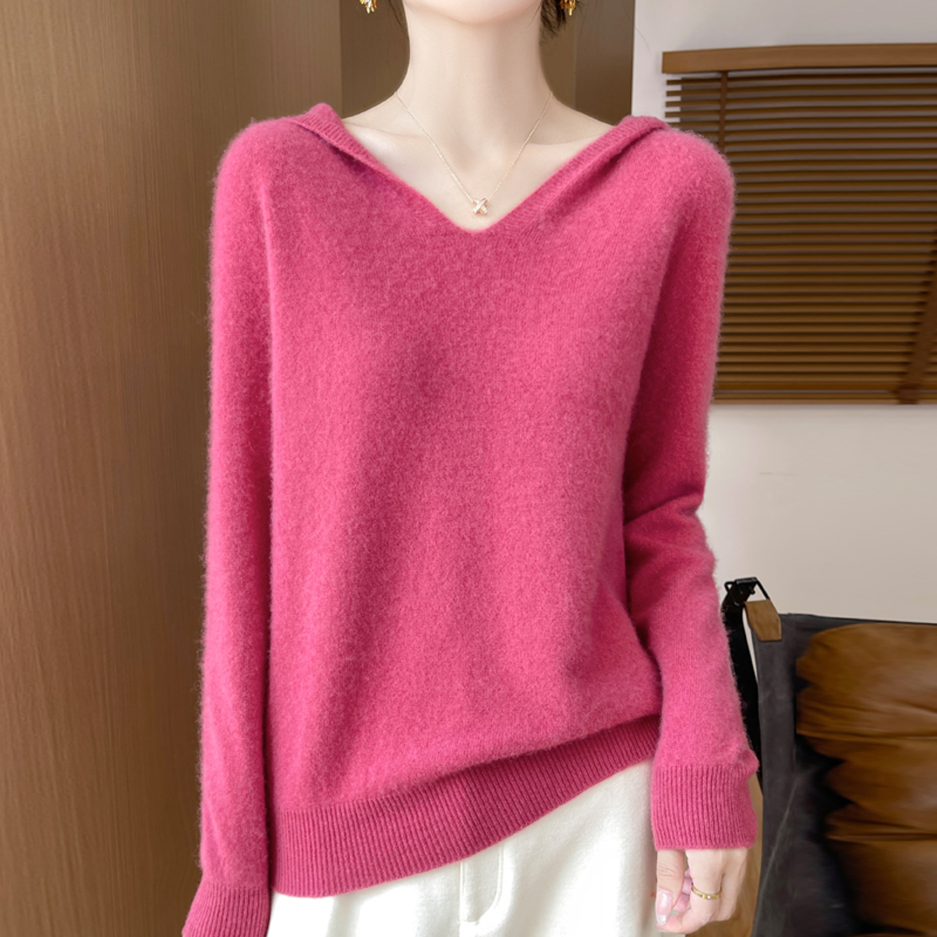 Soft Cashmere Tops, Clothing Hooded Collar Pullover Merino Wool Sweater – view 4