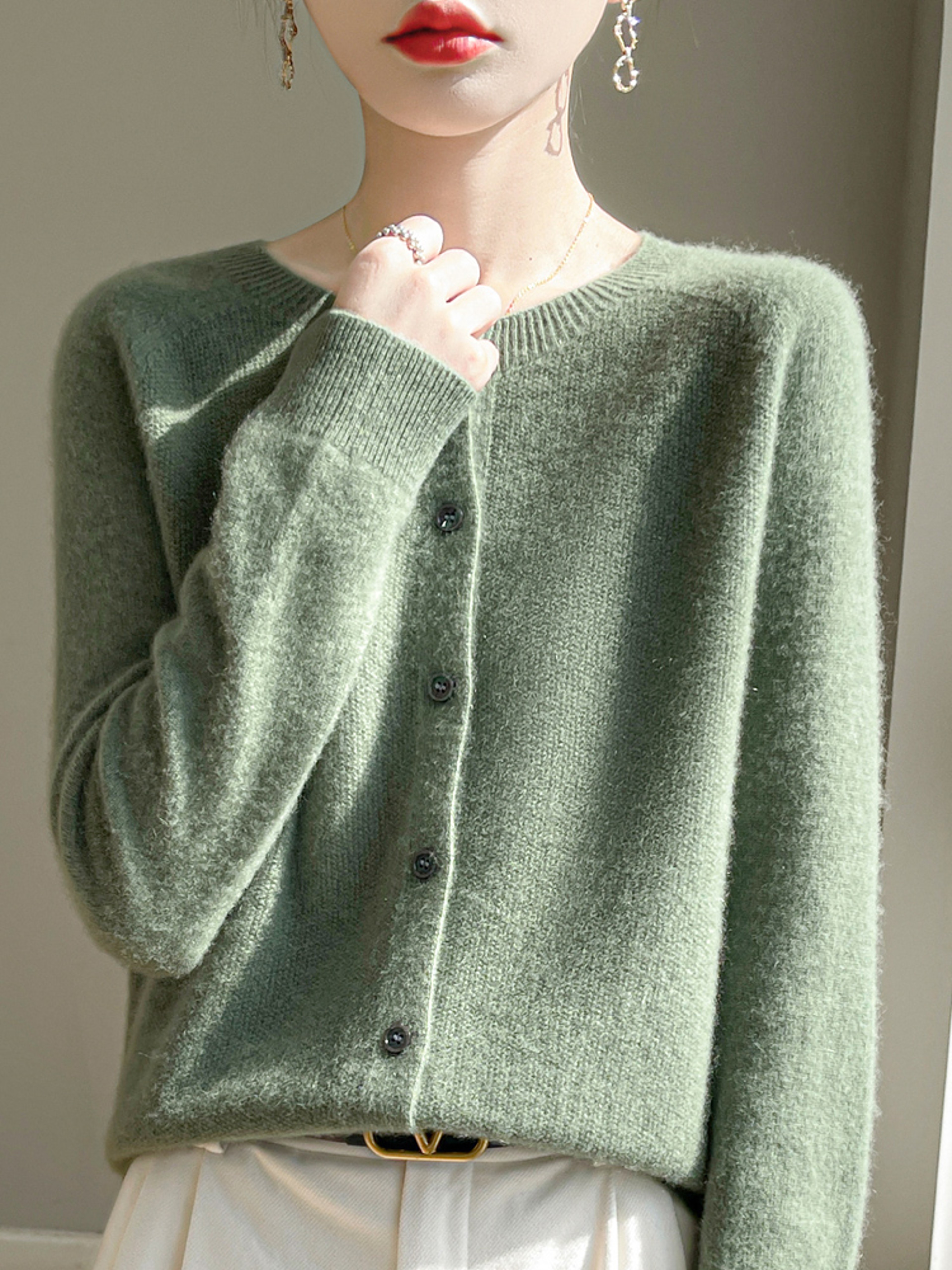 Korean Style Wool Cardigan, Soft O-Neck Cashmere Sweater, OL Buttoned Knitwear, Casual Top Clothing – view 11