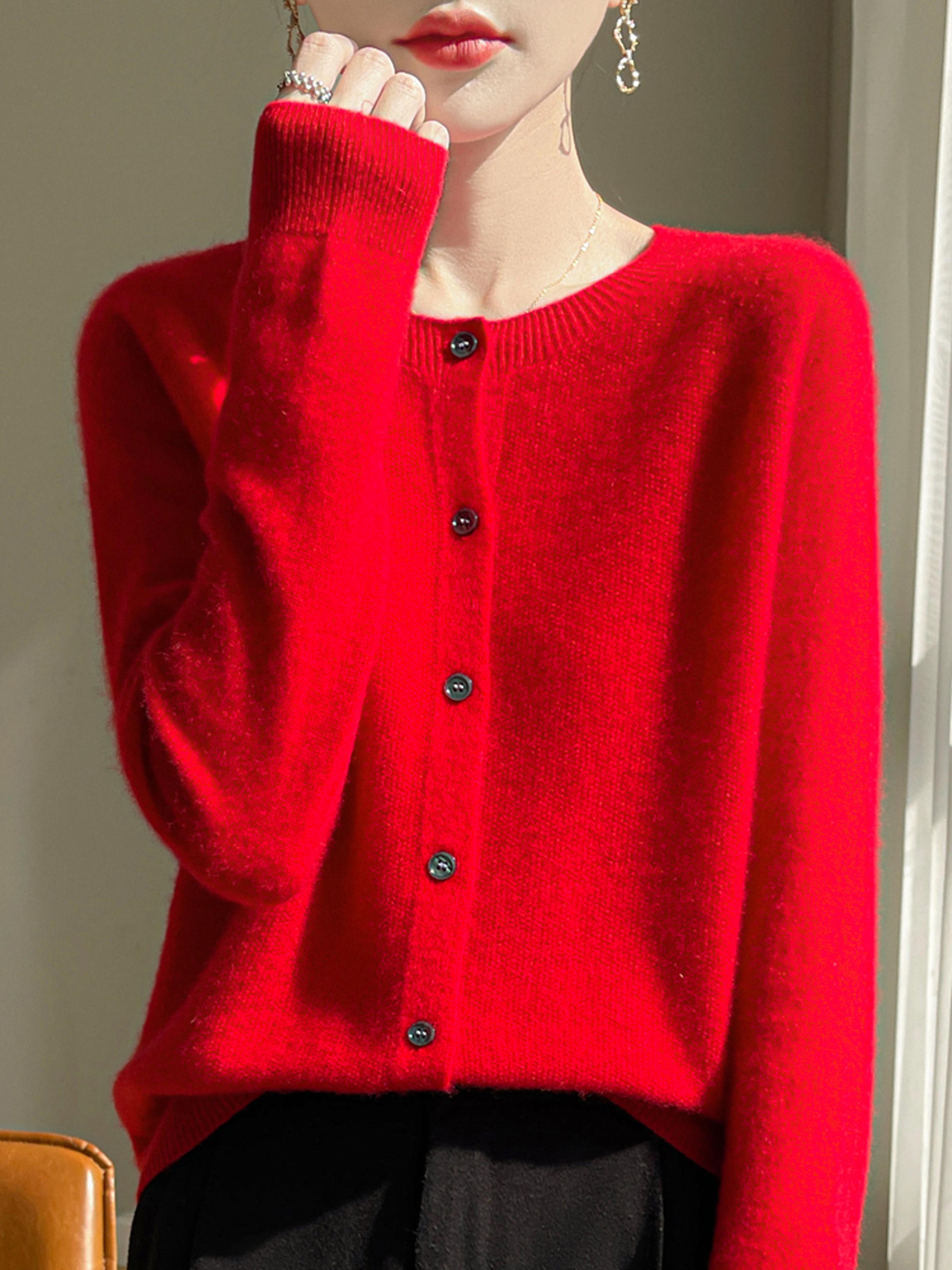 Korean Style Wool Cardigan, Soft O-Neck Cashmere Sweater, OL Buttoned Knitwear, Casual Top Clothing – view 12