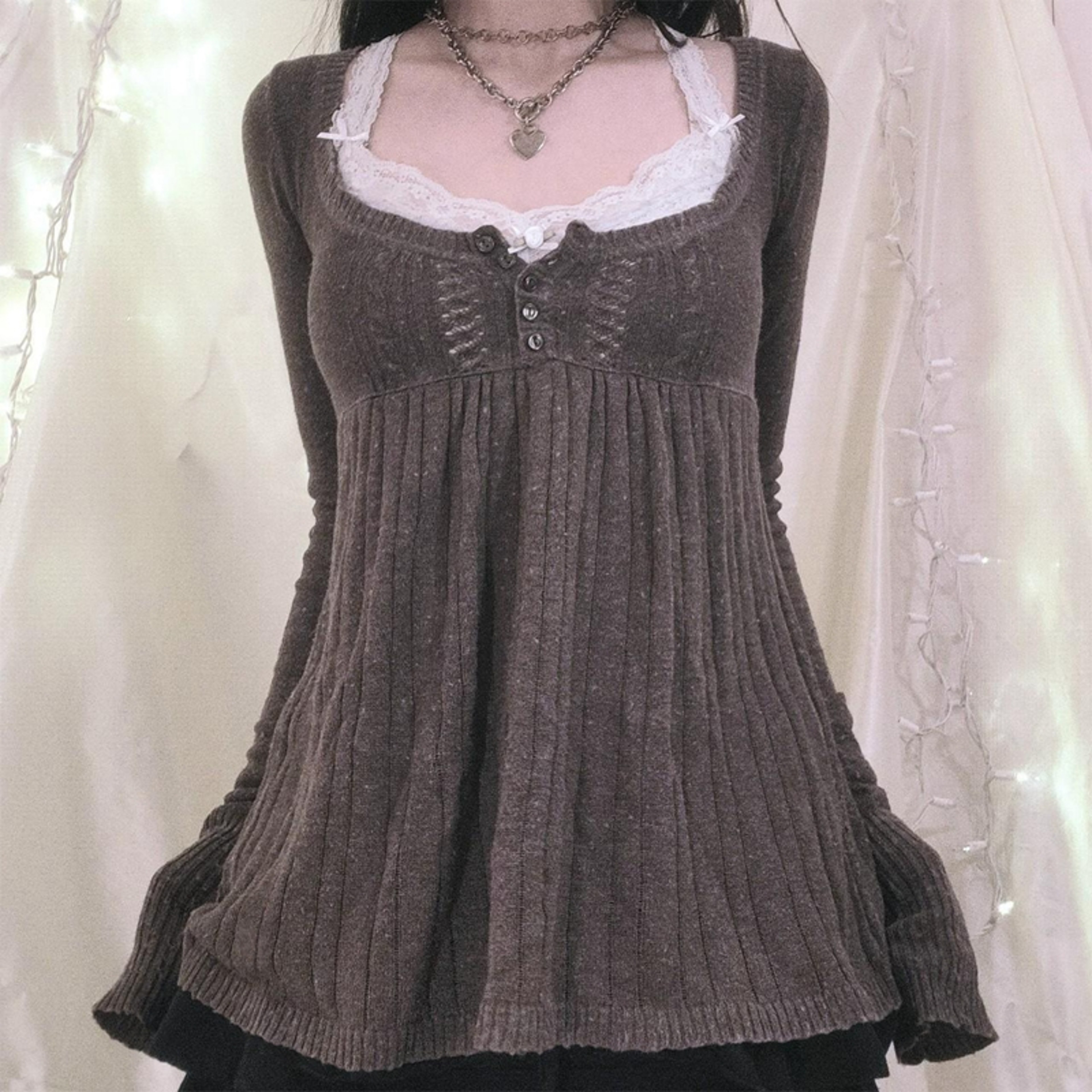 Aesthetic Grunge Babydoll Knitted Sweater, Cottage Milkmaid Pullovers, Knitwear T-shirts for Women – view 1