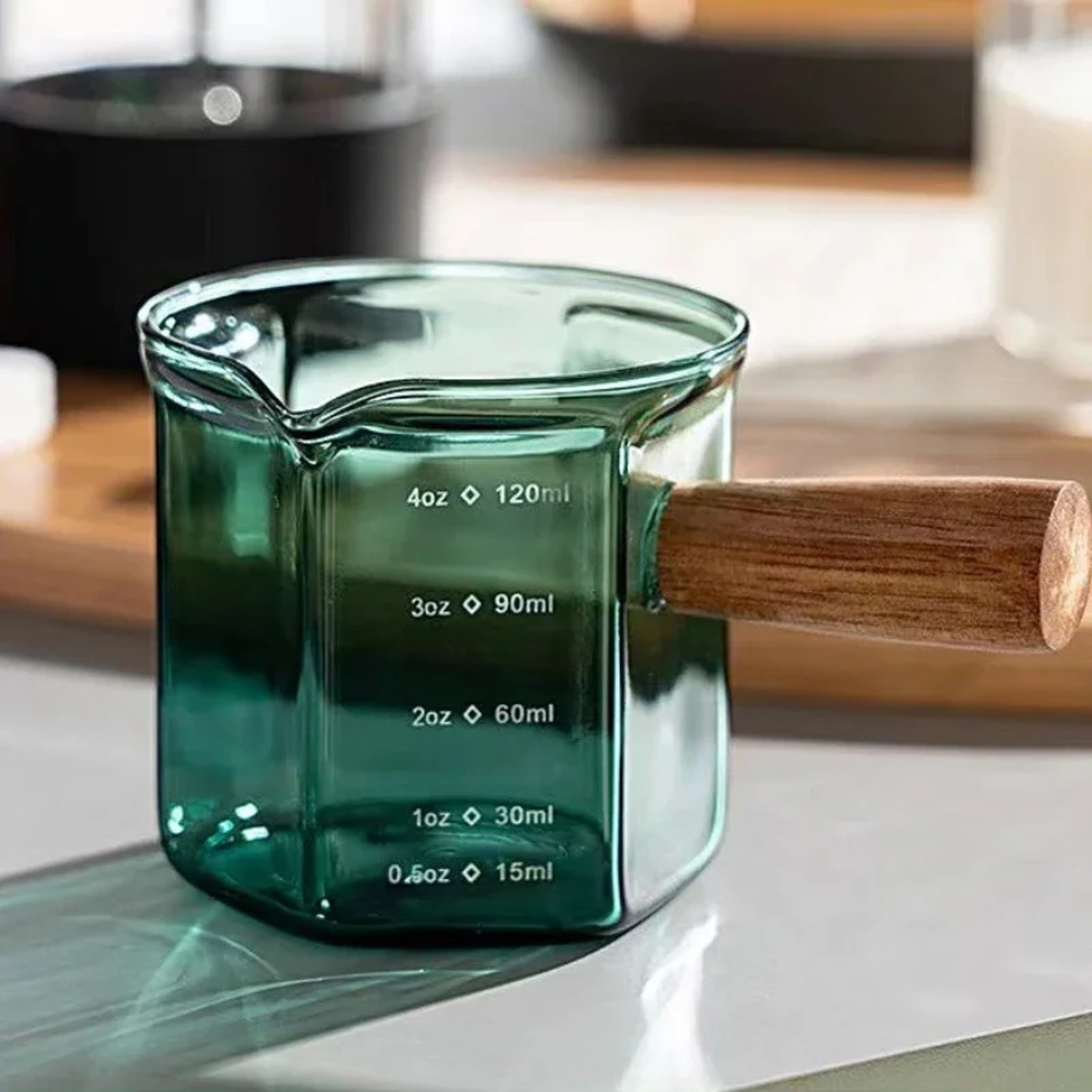 Glass Coffee Cup With Scale, Wooden Handle Single Mouth Latte Milk Jug Extraction Cups Ounce Measuring Cup – view 9