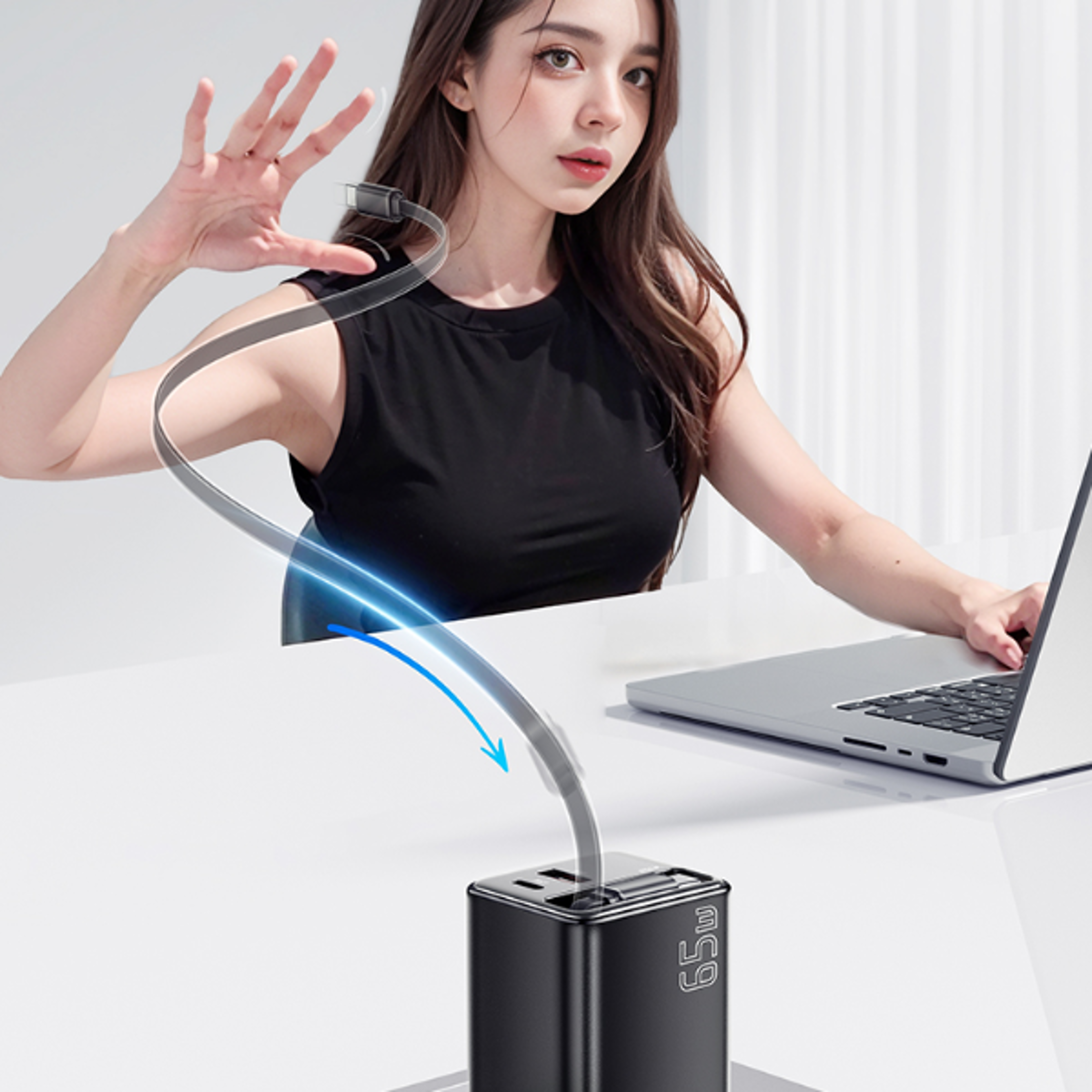 Essager 65W GaN Charger with Retractable Cable PD Fast Charging for Laptop Macbook iPhone 16 15 14