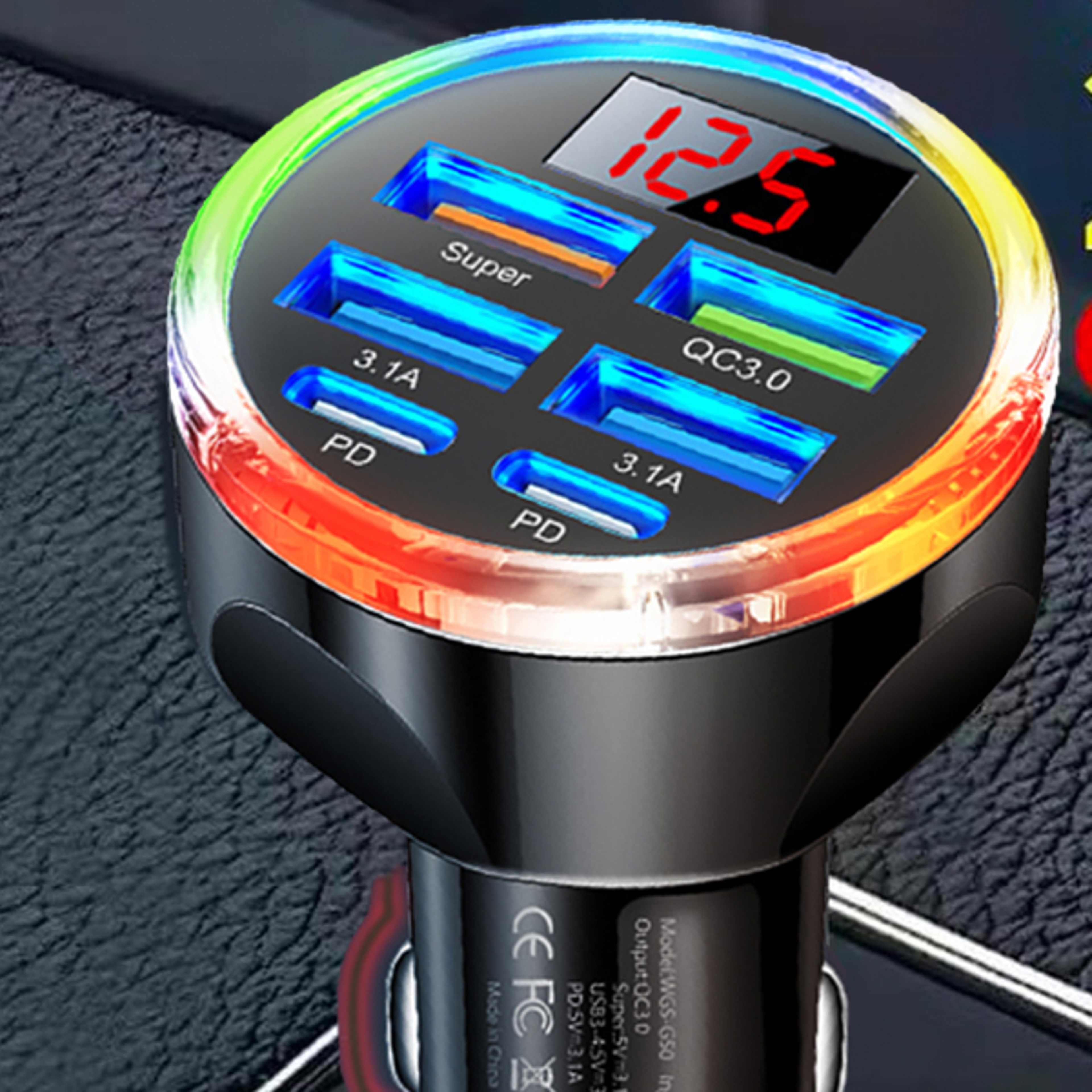 UYUXIO Dual PD USB C Car Charger Adapter 6 in 1 with Voltage Display Colorful Iight QC 40 PPS Super