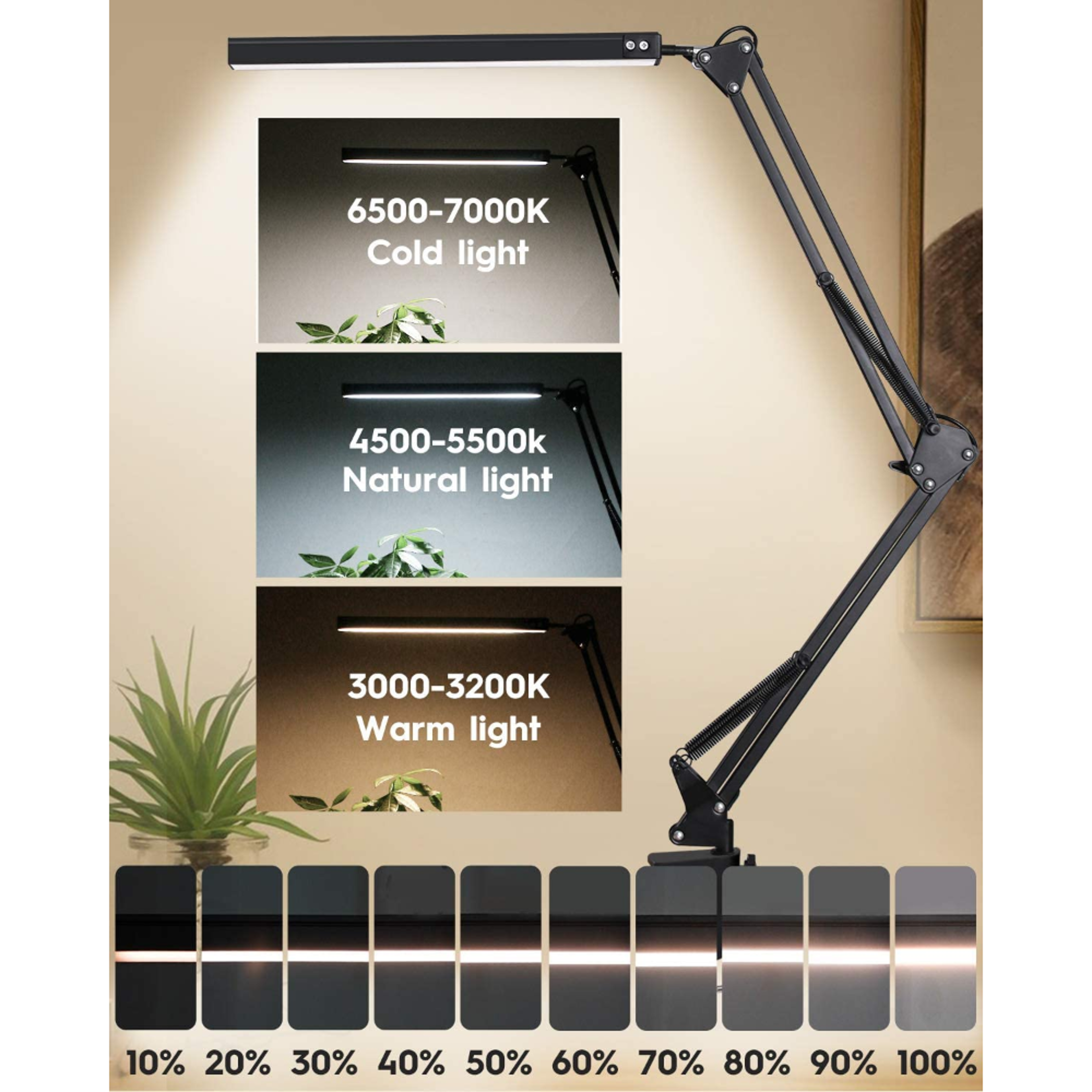 EyeCaring Dimmable Desk Light LED Desk Lamp With Clamp Swing Arm Brightness Levels USB Charging Mod 1