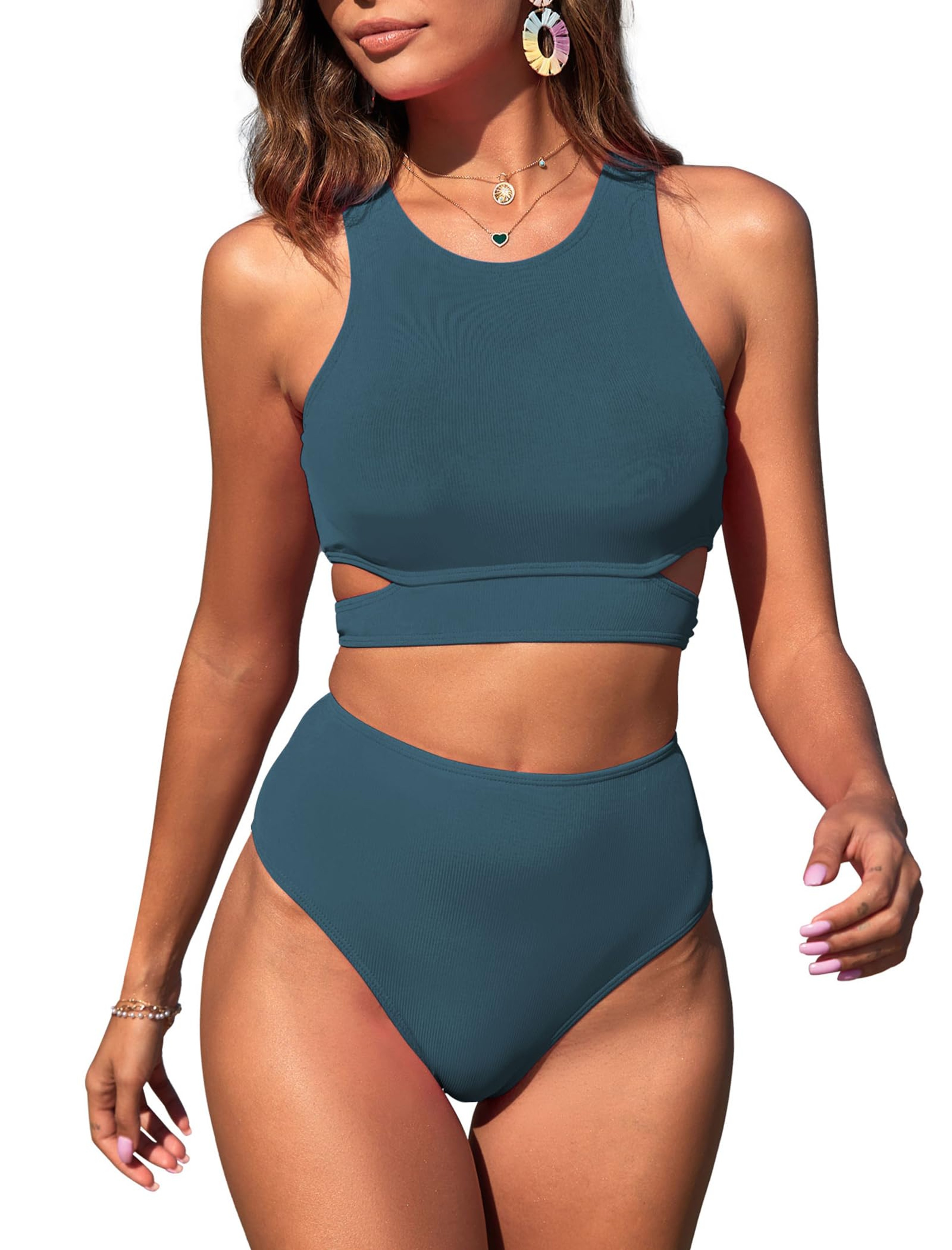 Two Piece Swimsuit, High Waisted Bikini Set, Scoop Neck Tank Cutout Midkini – view 6