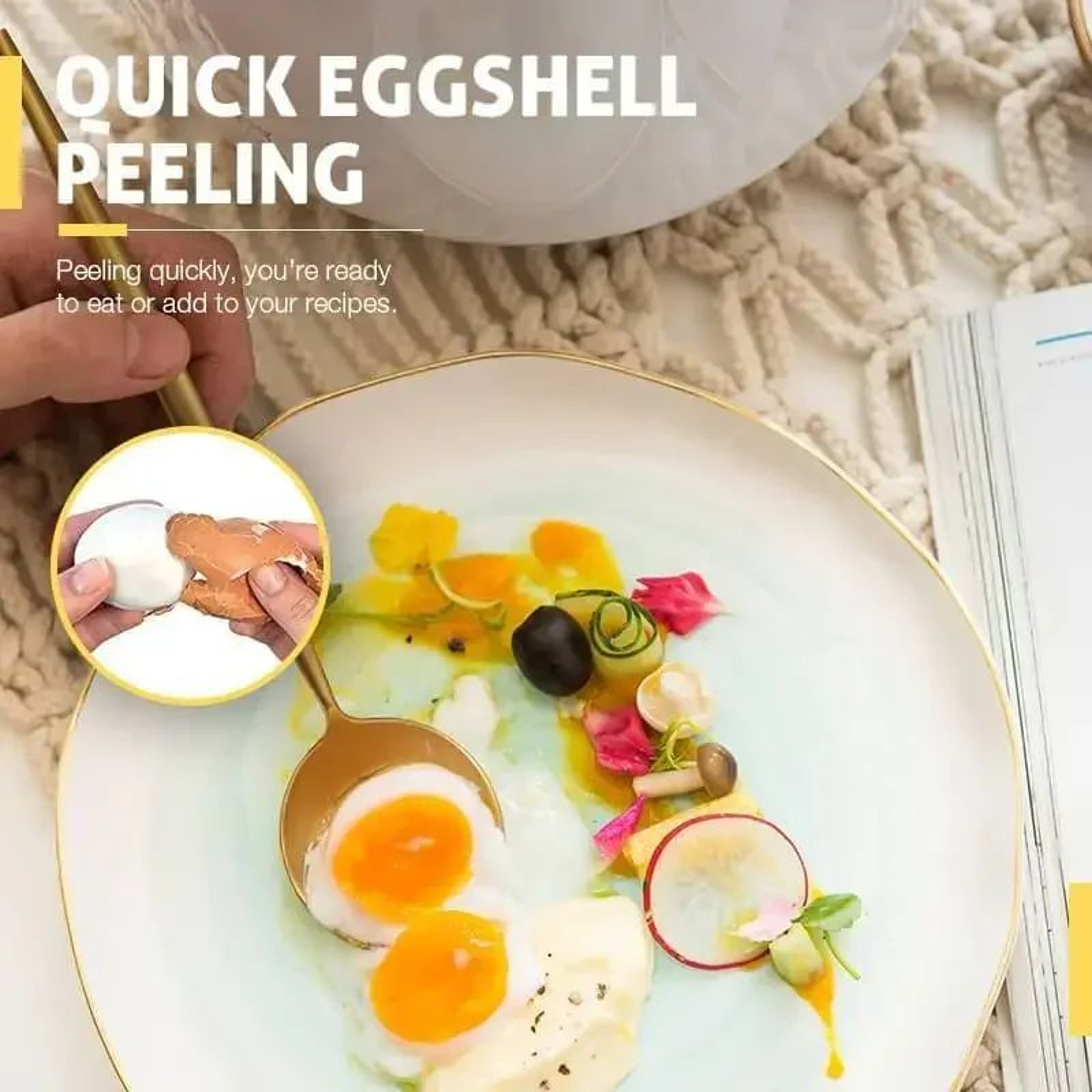 boiled egg peeling tool demonstrating clean shell separation process
