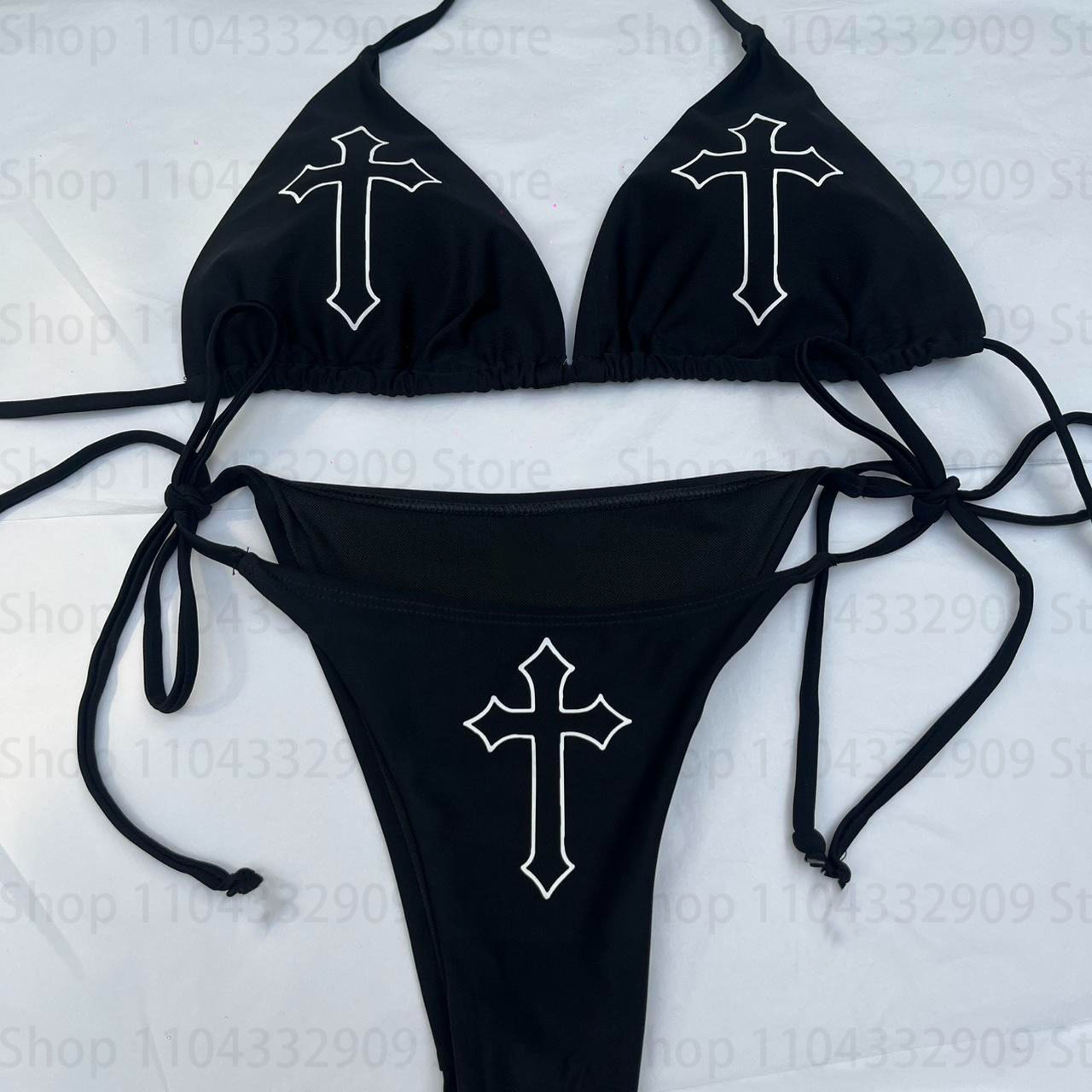 Punk Print Gothic Bathing Suit for Women, Star Design Thong Bikini Set – view 3