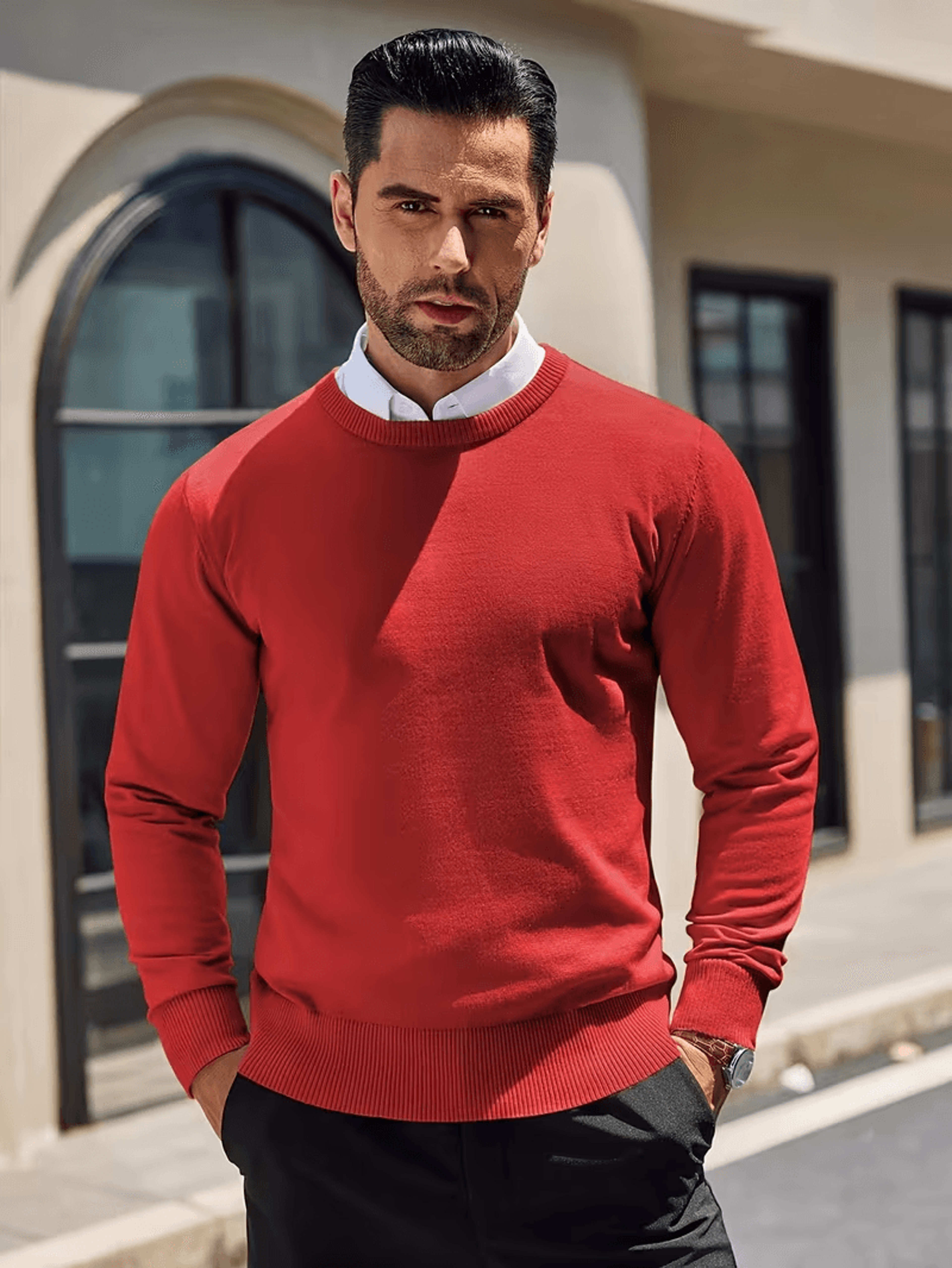 men wearing oneck knit sweater in winter outfit