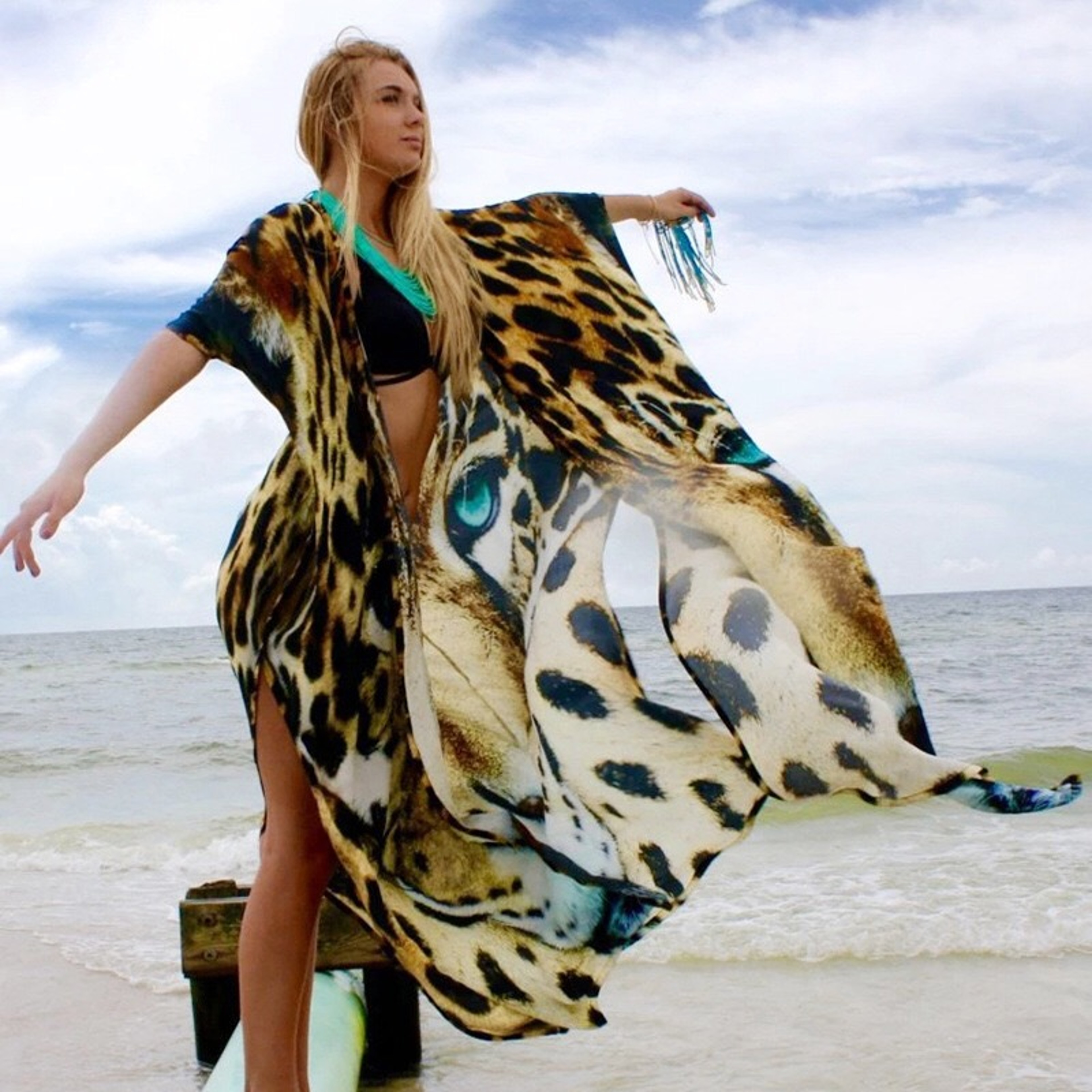 Plage Swimsuit Cover up, Tiger Pattern Print Kimono Robe, Boho Loose Long Dress – view 1