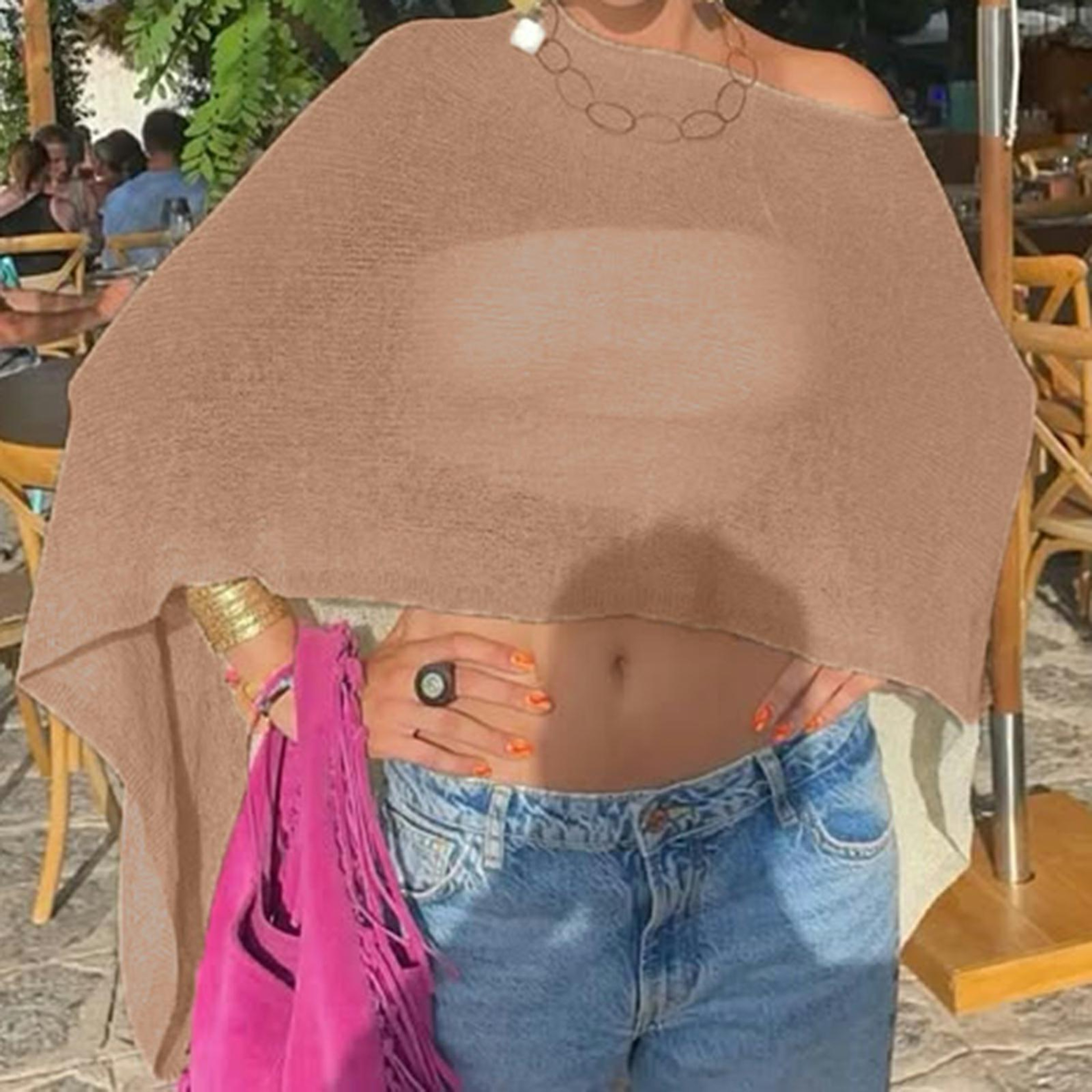 Summer Beach Tops, Women Knitwear Bikini Cover-up, Off Shoulder Irregular Triangle Hem Loose Pullover – view 14