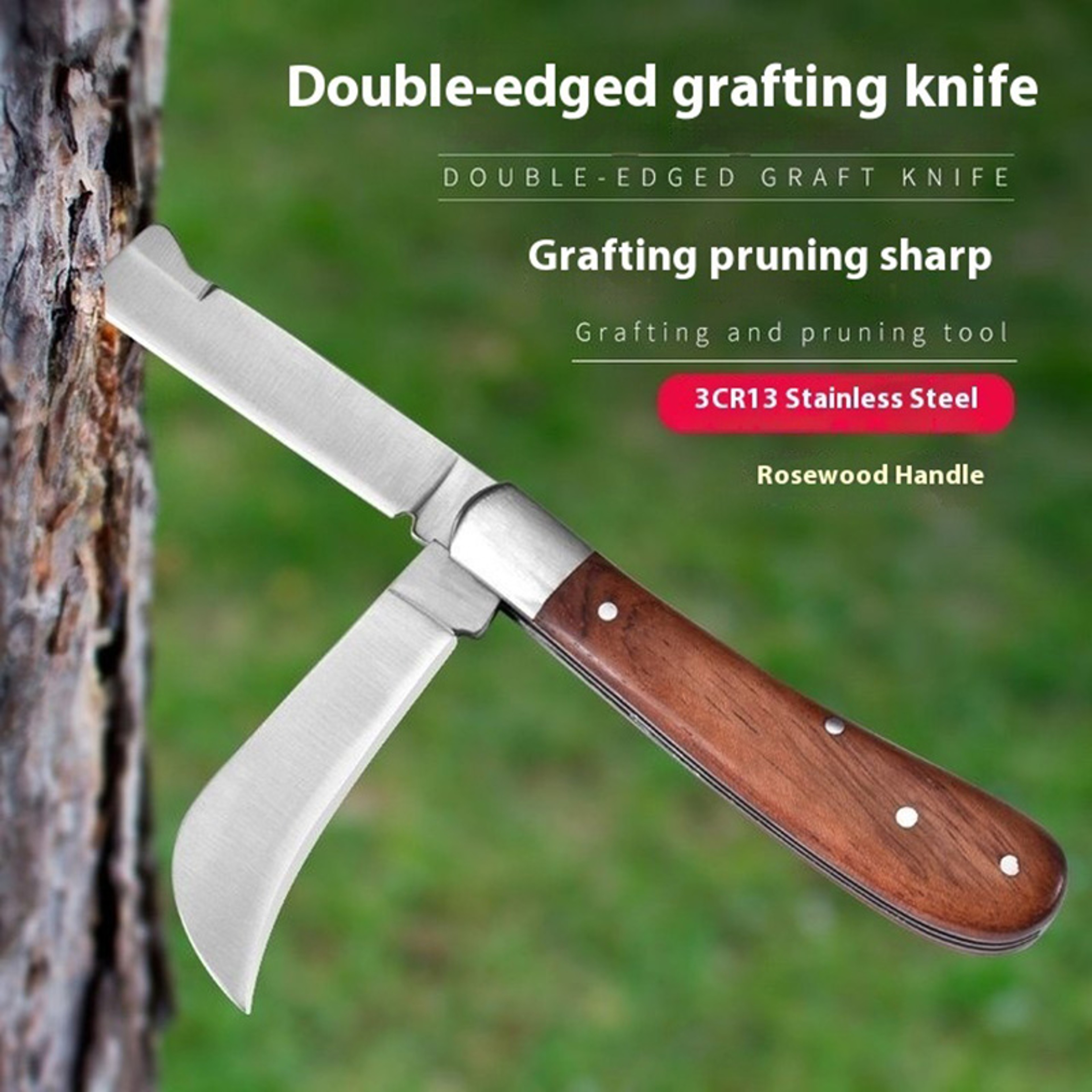 Grafting Tools Folding Knife, Professional Garden Grafting Pruning Cutter, Wooden Handle – view 1