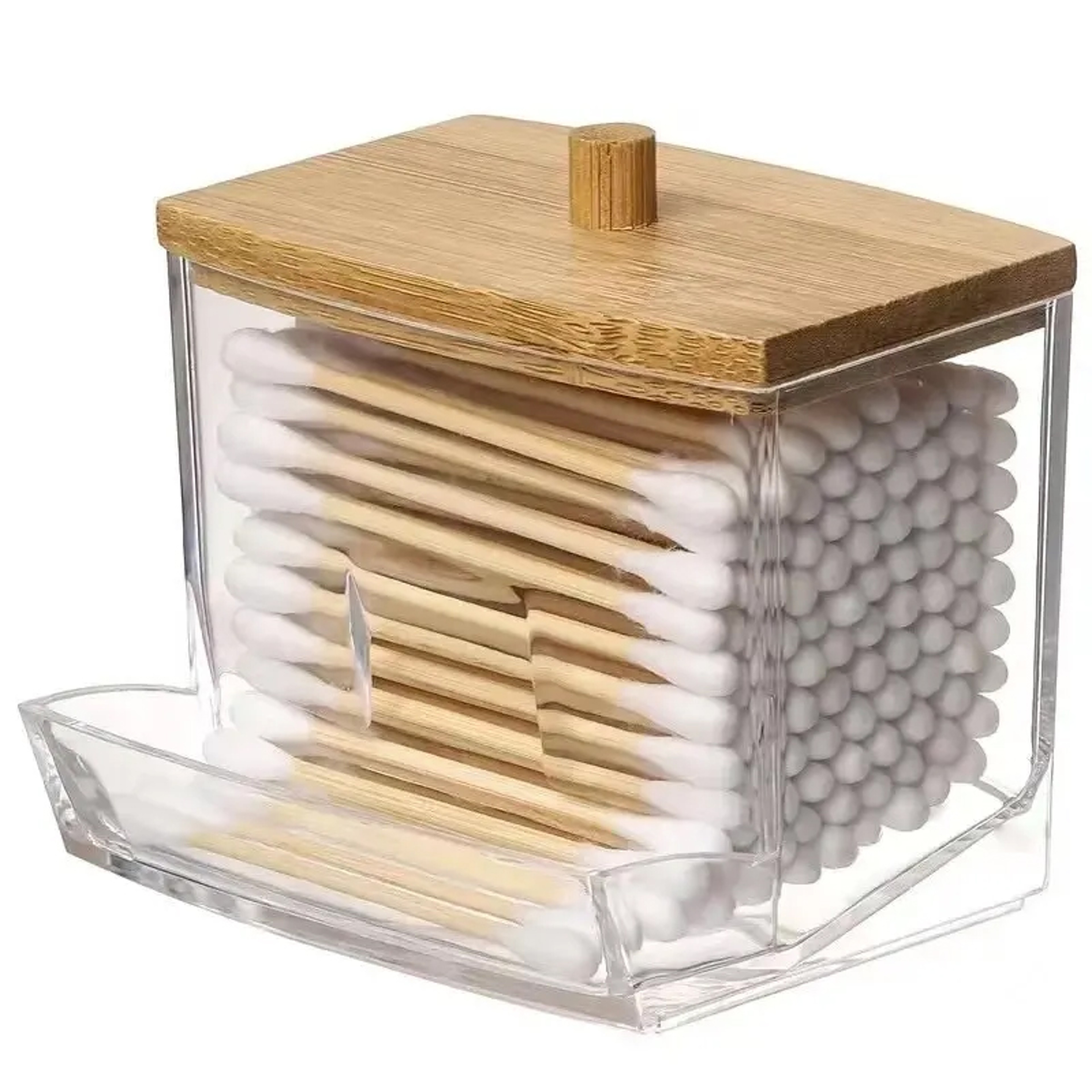 Bamboo Cover Cotton Swab Organizer, Transparent Square Cotton Buds Container – view 1