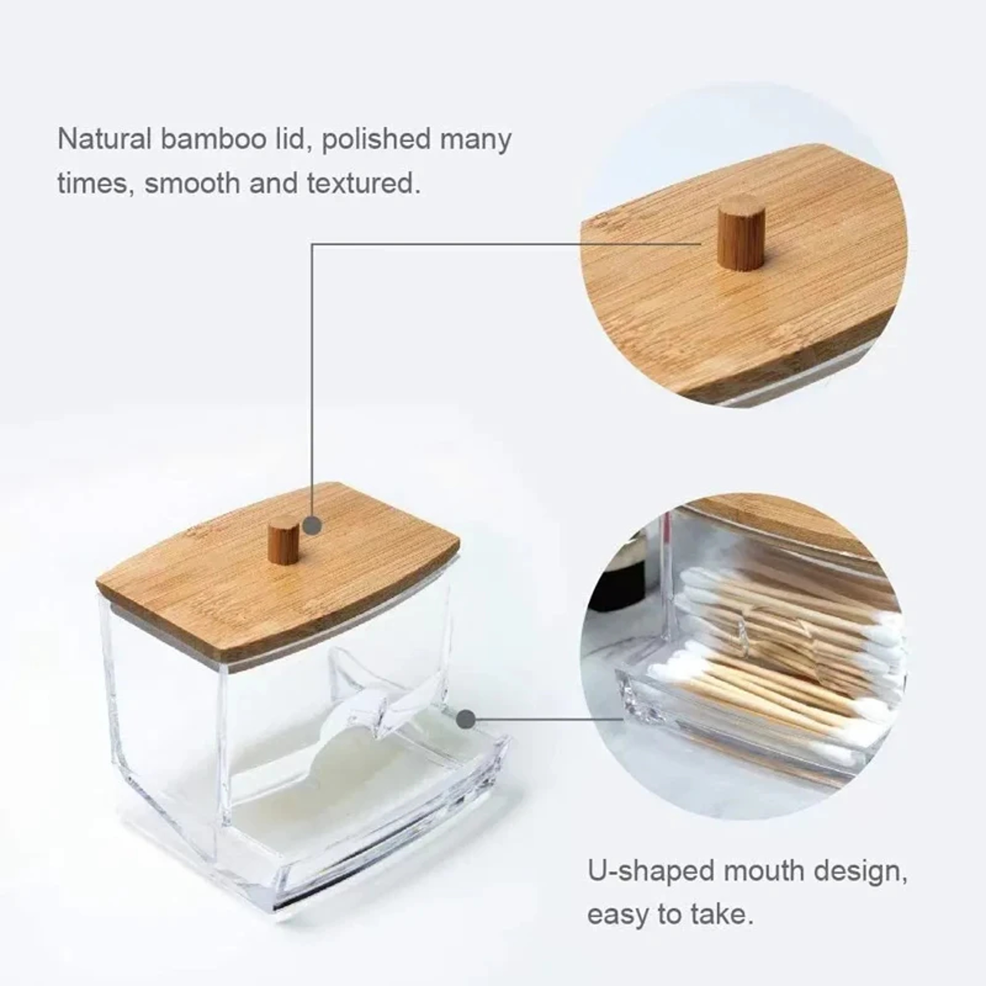 Bamboo Cover Cotton Swab Organizer, Transparent Square Cotton Buds Container – view 3