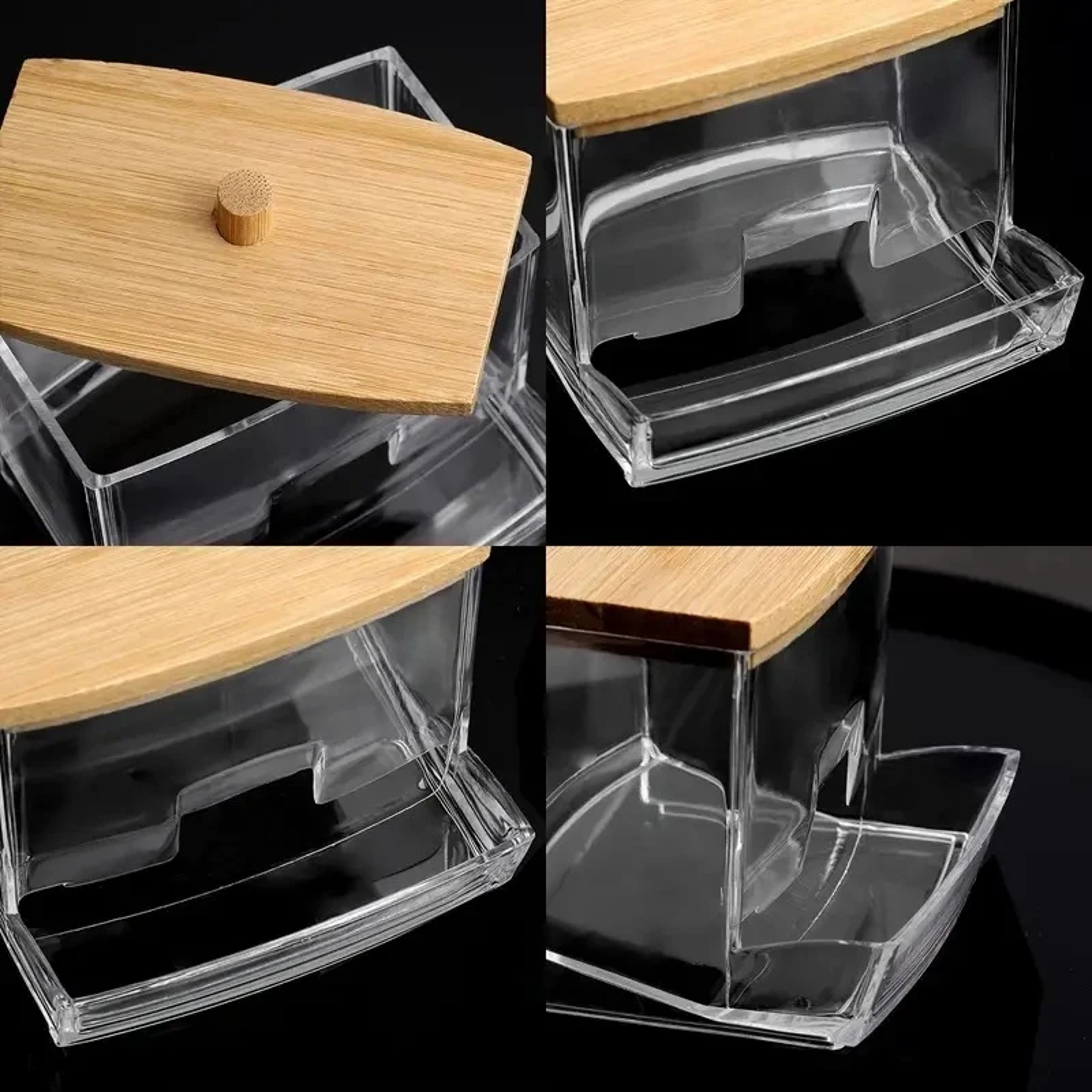 Bamboo Cover Cotton Swab Organizer, Transparent Square Cotton Buds Container – view 5