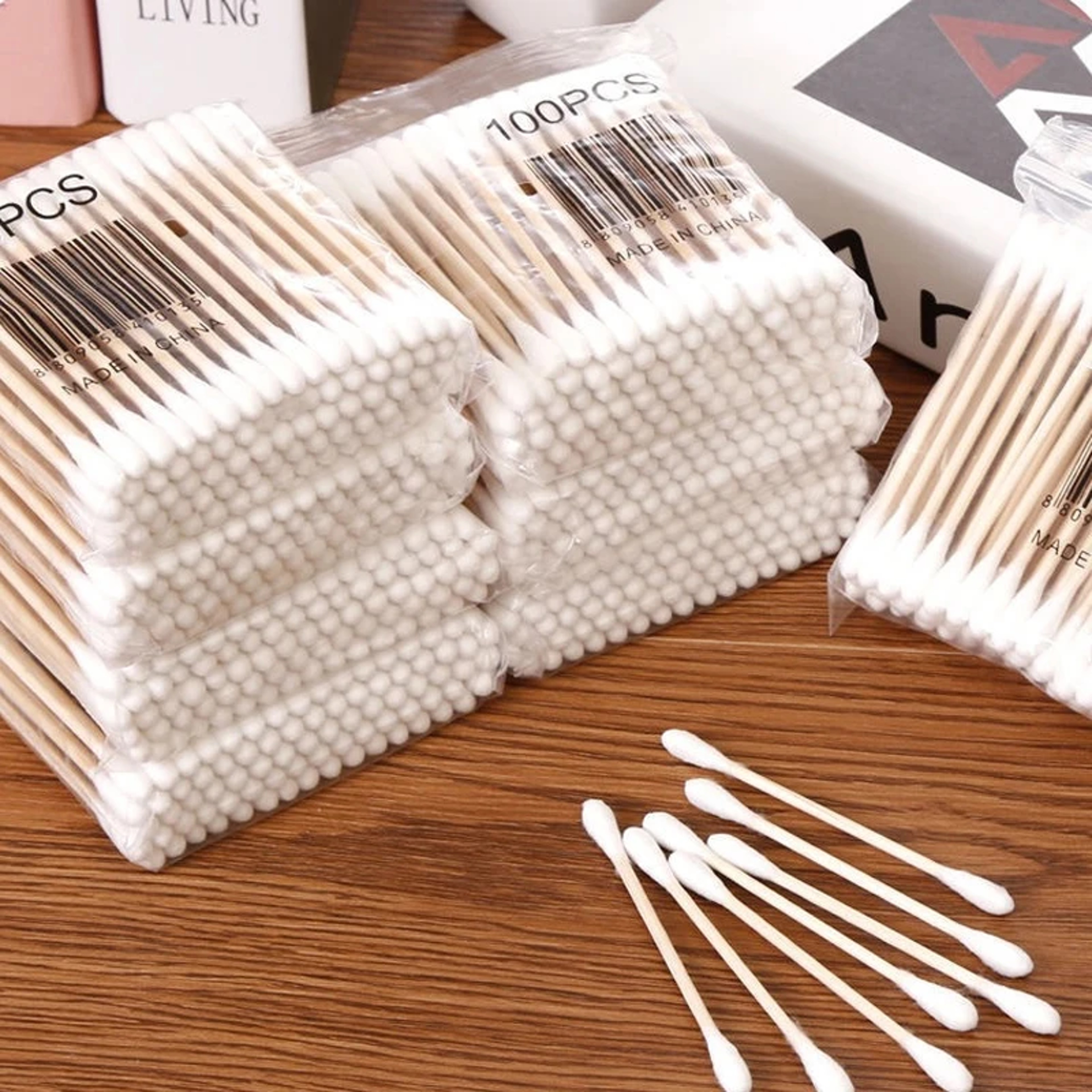 Bamboo Cover Cotton Swab Organizer, Transparent Square Cotton Buds Container – view 6