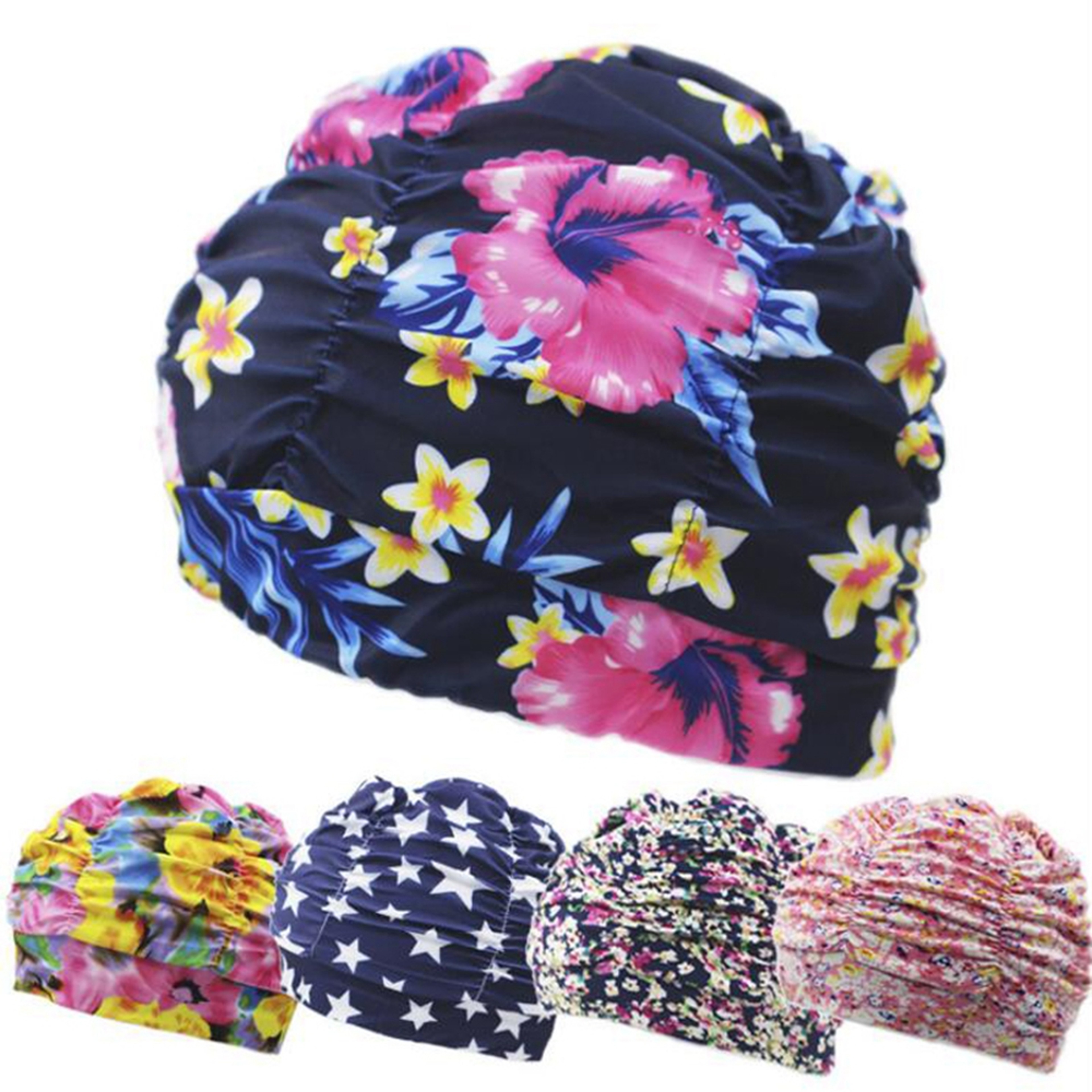 Elastic Nylon Turban Flowers Printed Swimming Cap Long Hair Sports Swim Pool Bathing Hat For Men  W 1