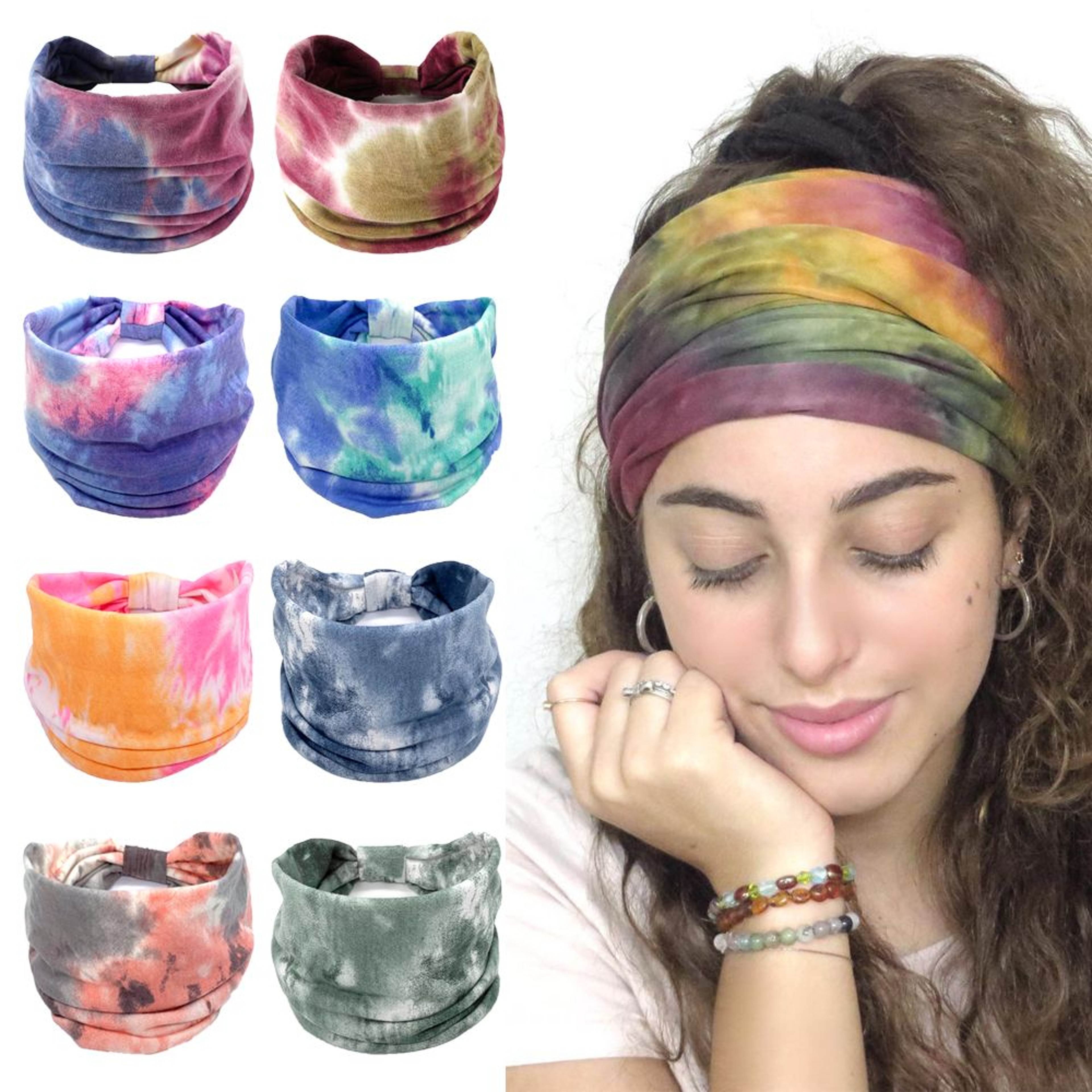 Women Vintage Turban Headwrap, Fashion Tie Dye Wide Knotted Headbands, Elastic Bandanas, Girls Yoga Hair Bands – view 1