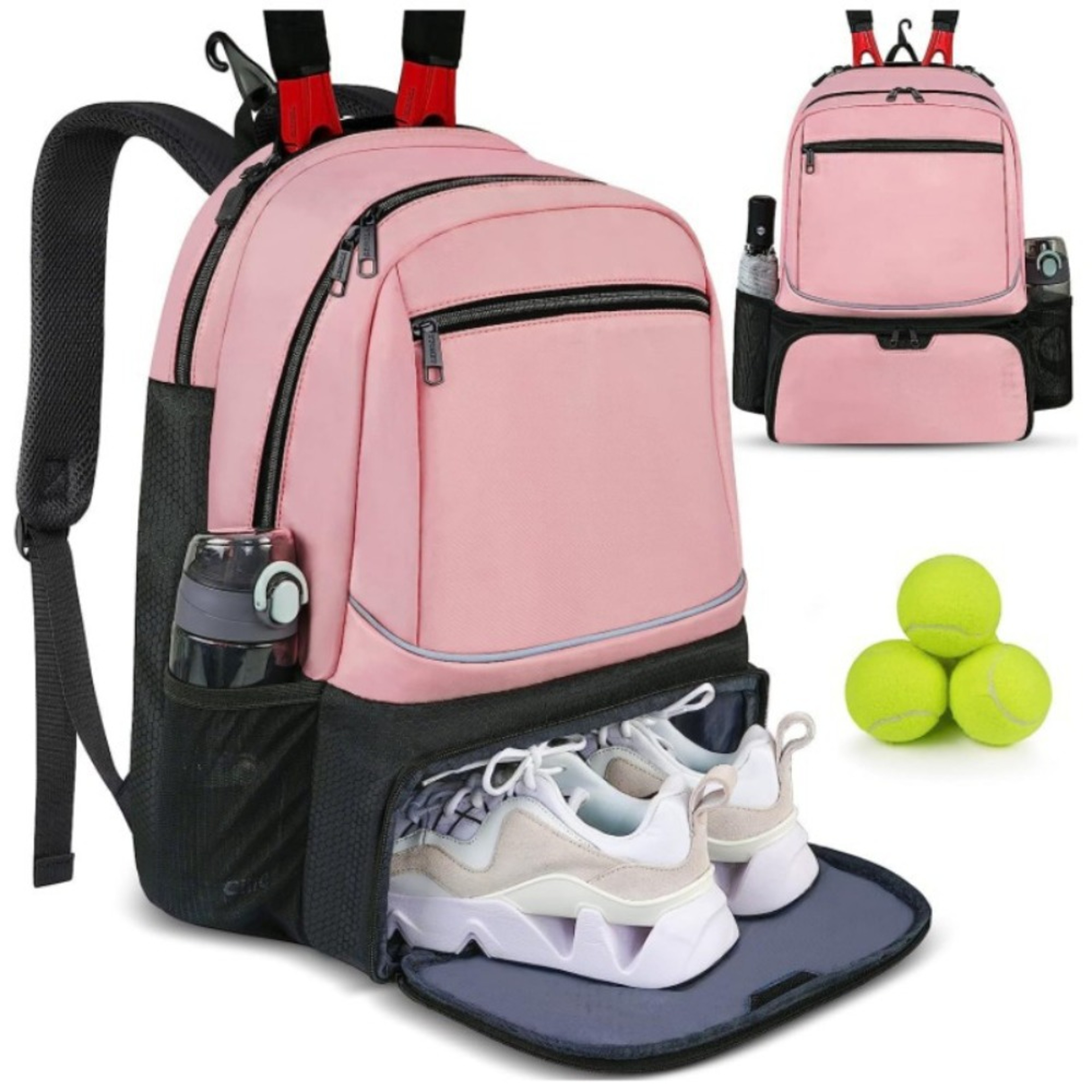 Durable Zipper Closure Tennis Backpack, Large Capacity, Reversible Tennis Racket Bag with Shoe Pocket – view 7