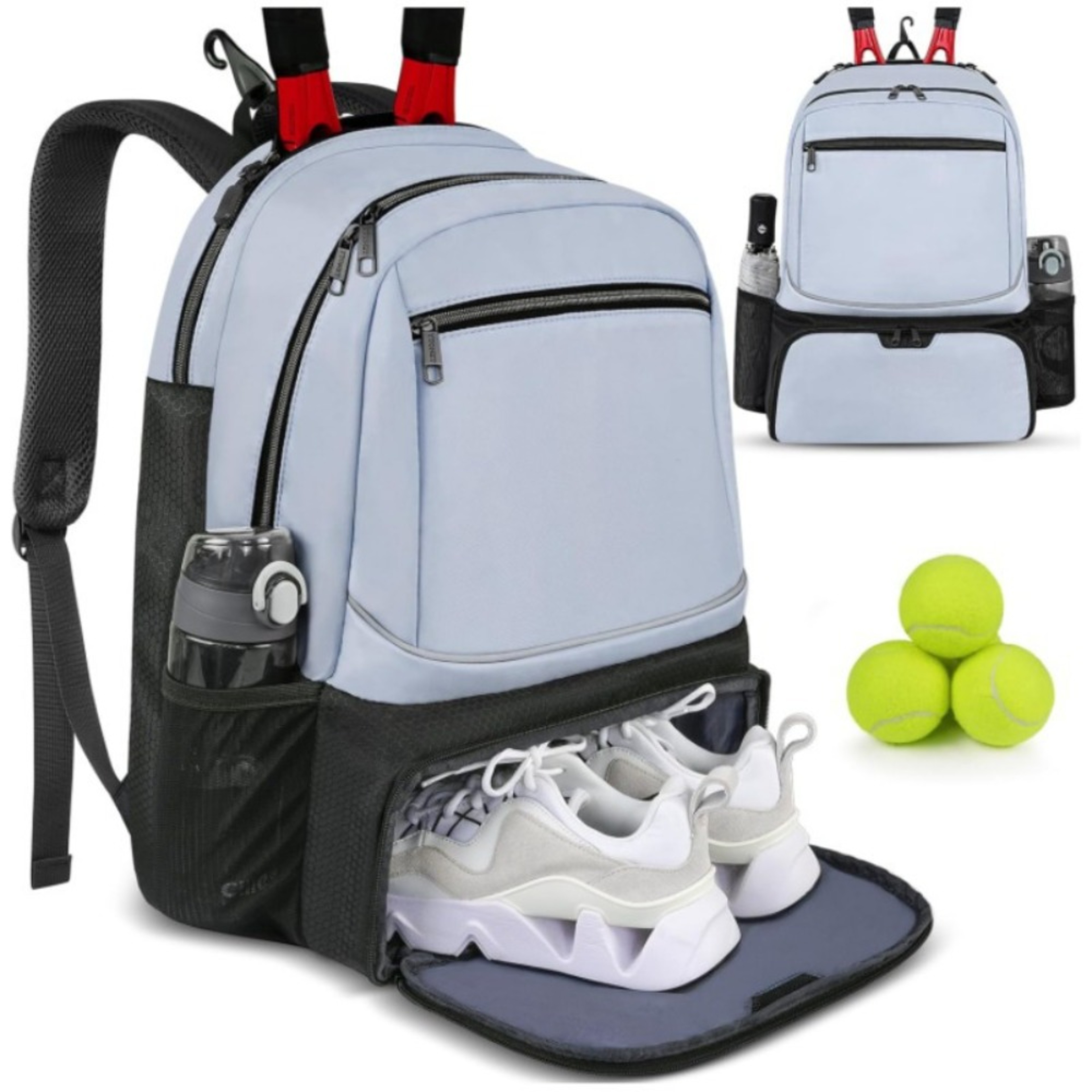 Durable Zipper Closure Tennis Backpack, Large Capacity, Reversible Tennis Racket Bag with Shoe Pocket – view 8